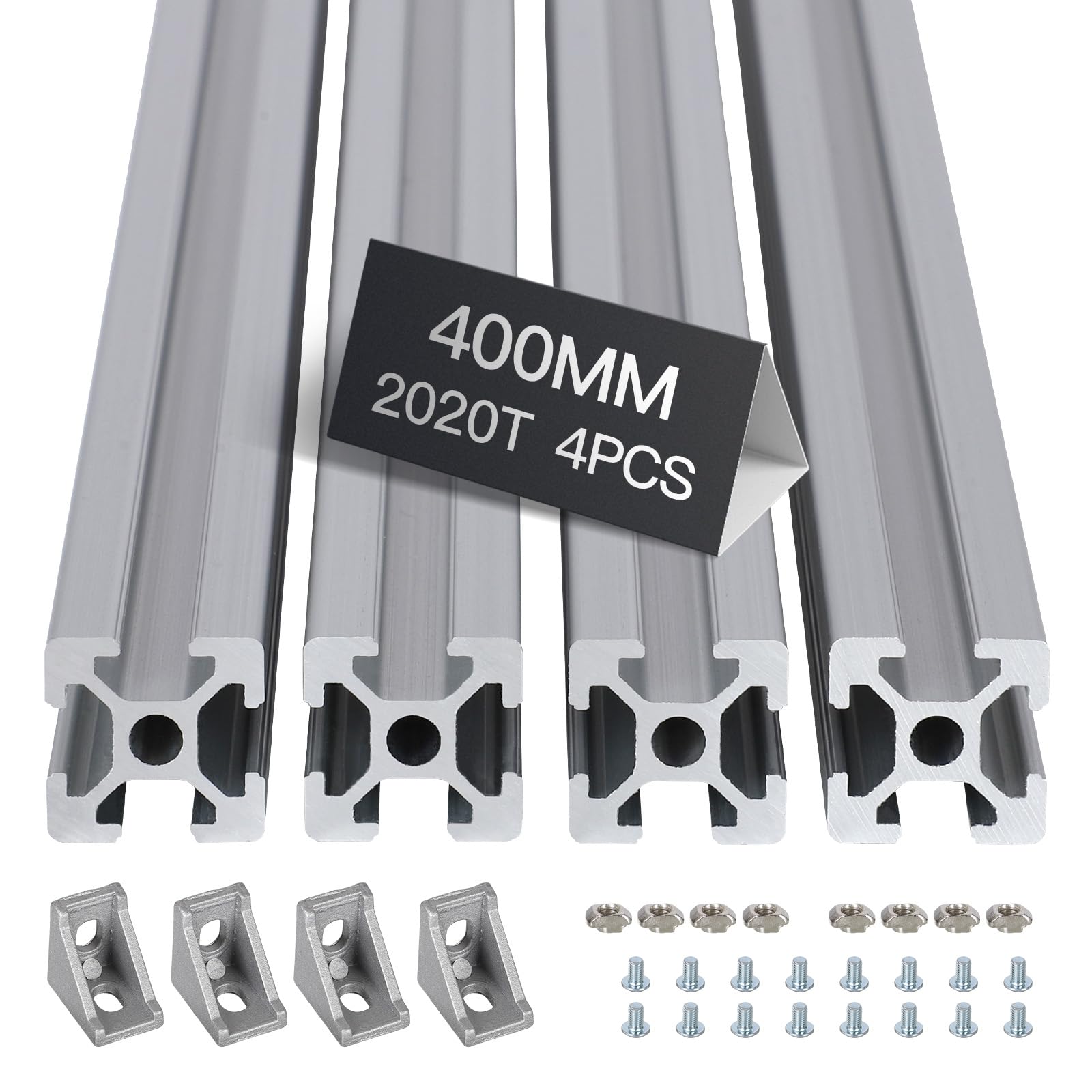 4pcs 400mm T Slot 2020 Aluminum Extrusion European Standard Anodized Linear Rail for 3D Printer Parts and CNC DIY Silver