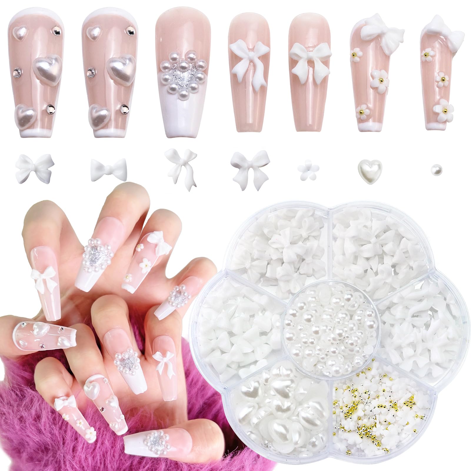 White Bow Nail Charms, 3D Bowknot Nail Stud Rhinestones, Bow and Pearl Charms for Nail Art Decoration Resin Jewelry Supplies