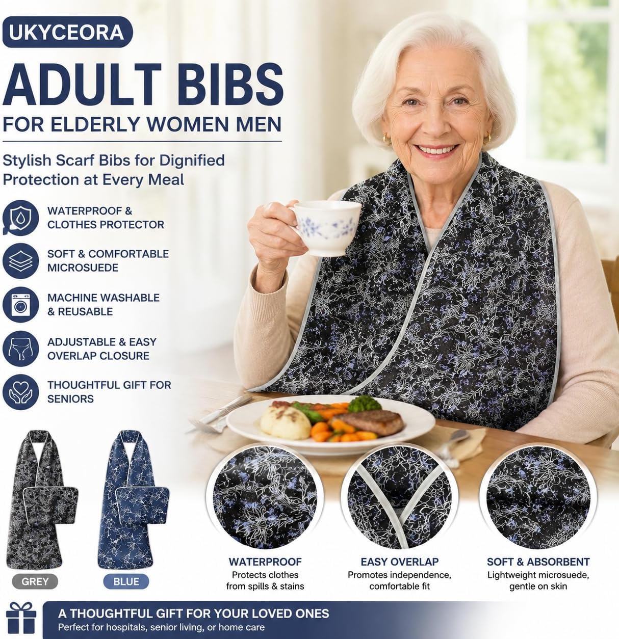 Adult Bibs for Elderly Women Men – 1 Pack Reusable Large Bibs for Eating, Washable Feeding Bib for Seniors.
