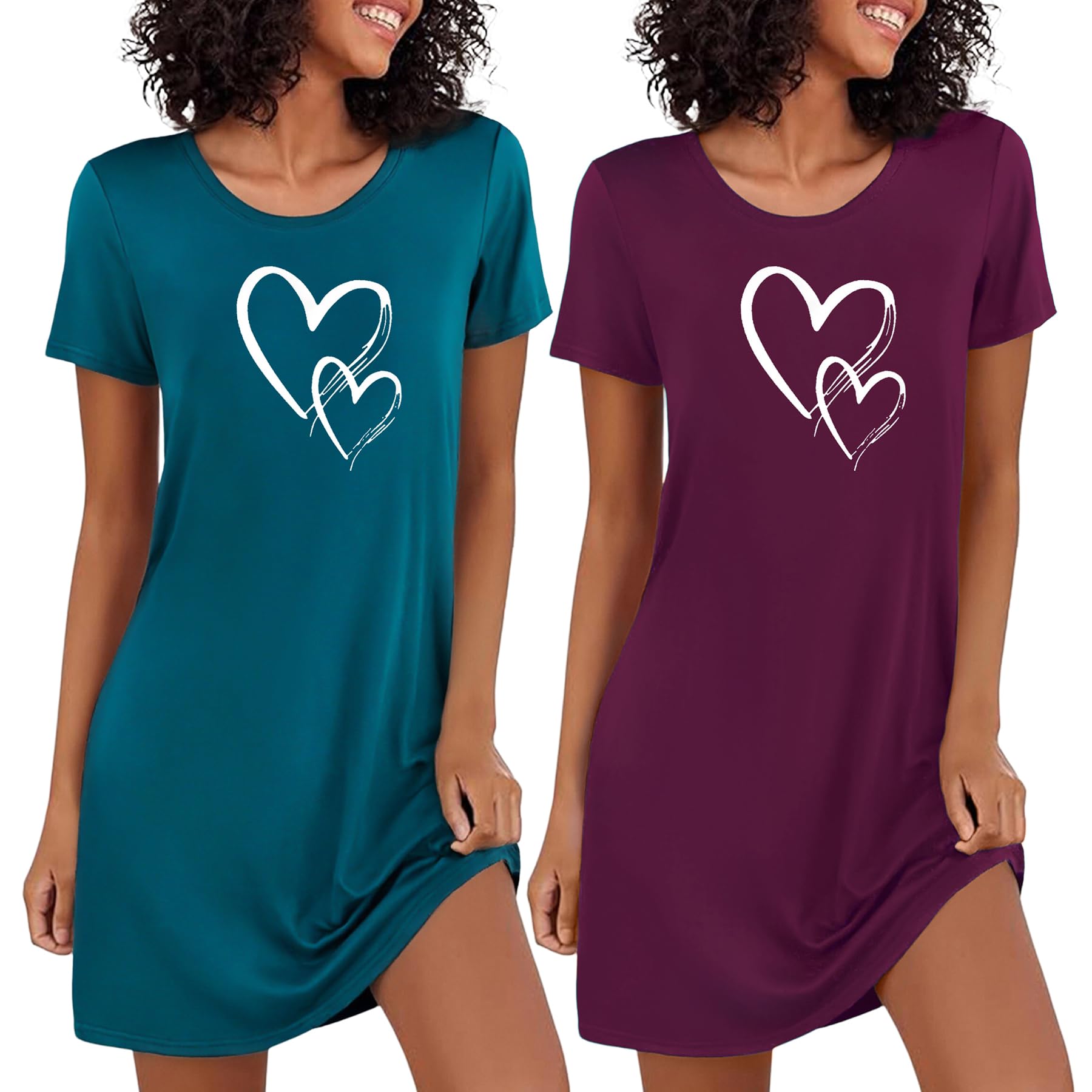 Marvmys 2er Nachthemd Damen Kurzarm Schlafshirt Baumwolle Printed Sleepshirt Sommer T-Shirt Schlafhemd Frauen Nachtwäsche Schlafkleid