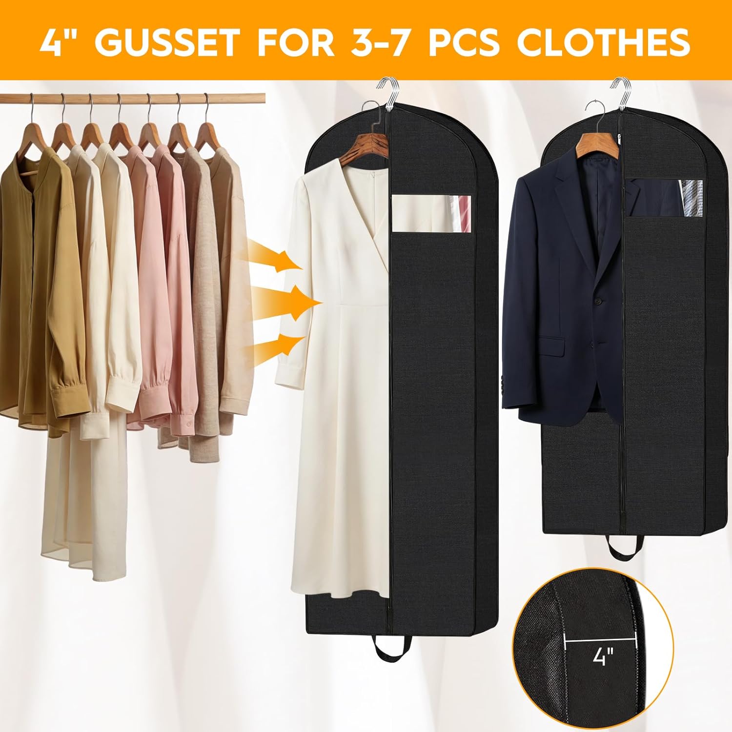 4-Pack Garment Bags for Storage & Travel - 60" & 43" Hanging Clothes Bags with 4" Gusset, Clear Window, Handle & ID Holder | Suit, Dress, Coat Covers for Closet Organization