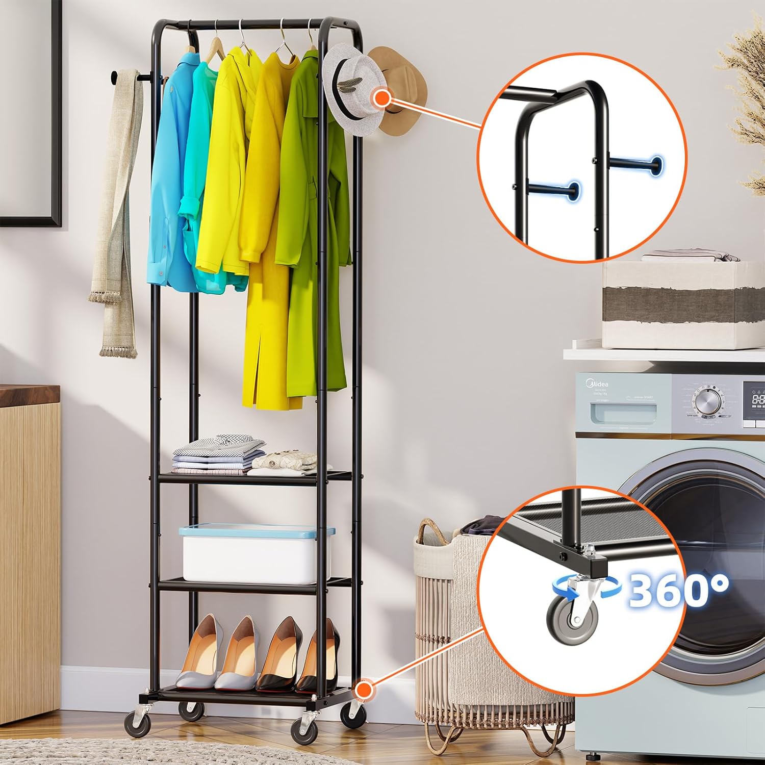 Small Garment Rack with Wheels, Clothing Rack for Hanging Clothes, Heavy Duty Clothes Rack, Metal Portable Closet, Hanging Rod for Small Space, Black