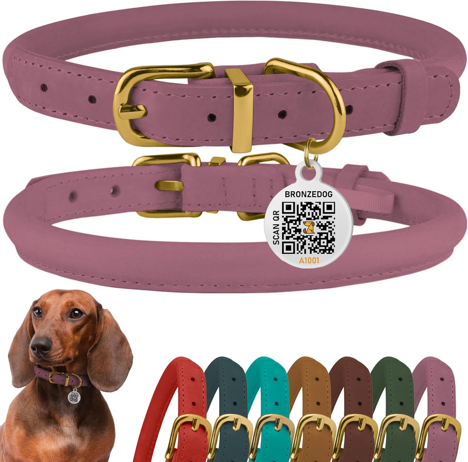 BronzeDog Rolled Leather Dog Collar with QR ID Tag, Adjustable Soft Round Collars for Small Medium Large Dogs Puppy (16" - 19" Neck Size, Lavender) L, 16-19 in Lavender