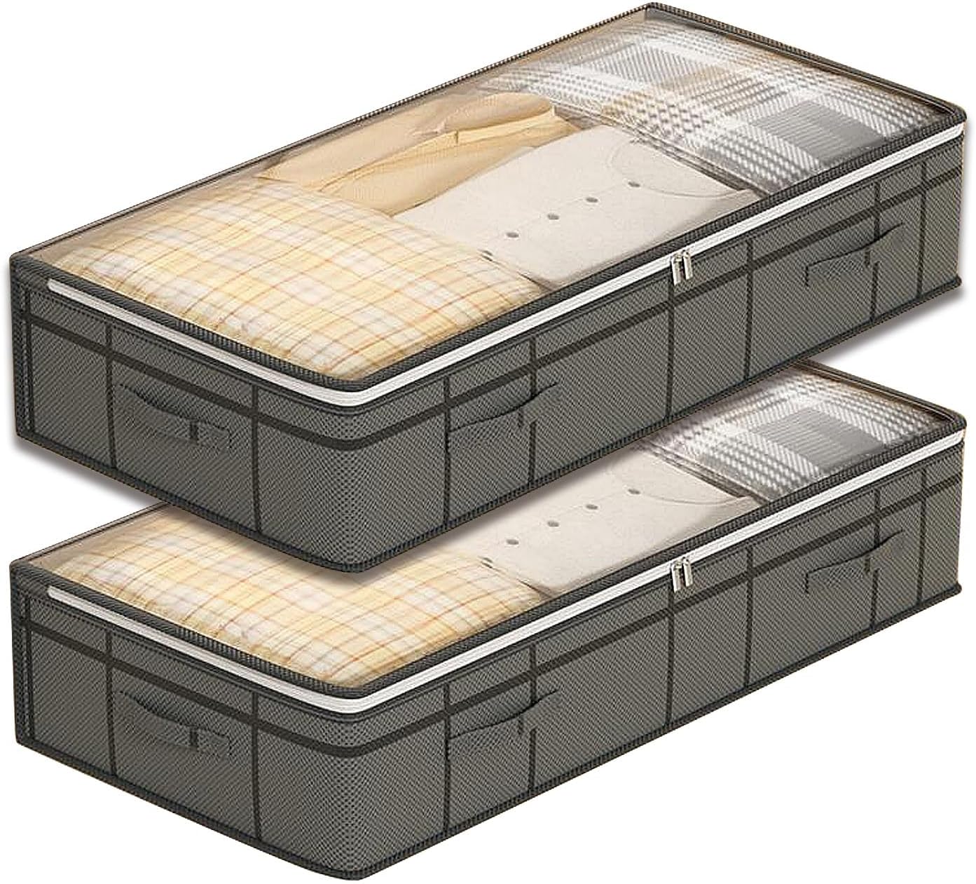 2 Pack Under Bed Storage, Foldable Under the Bed Storage Containers, Transparent Window, Double Zippers, Ideal for Seasonal Clothes, Blankets, Toys(Black,50x40x15cm/20x16x6in)