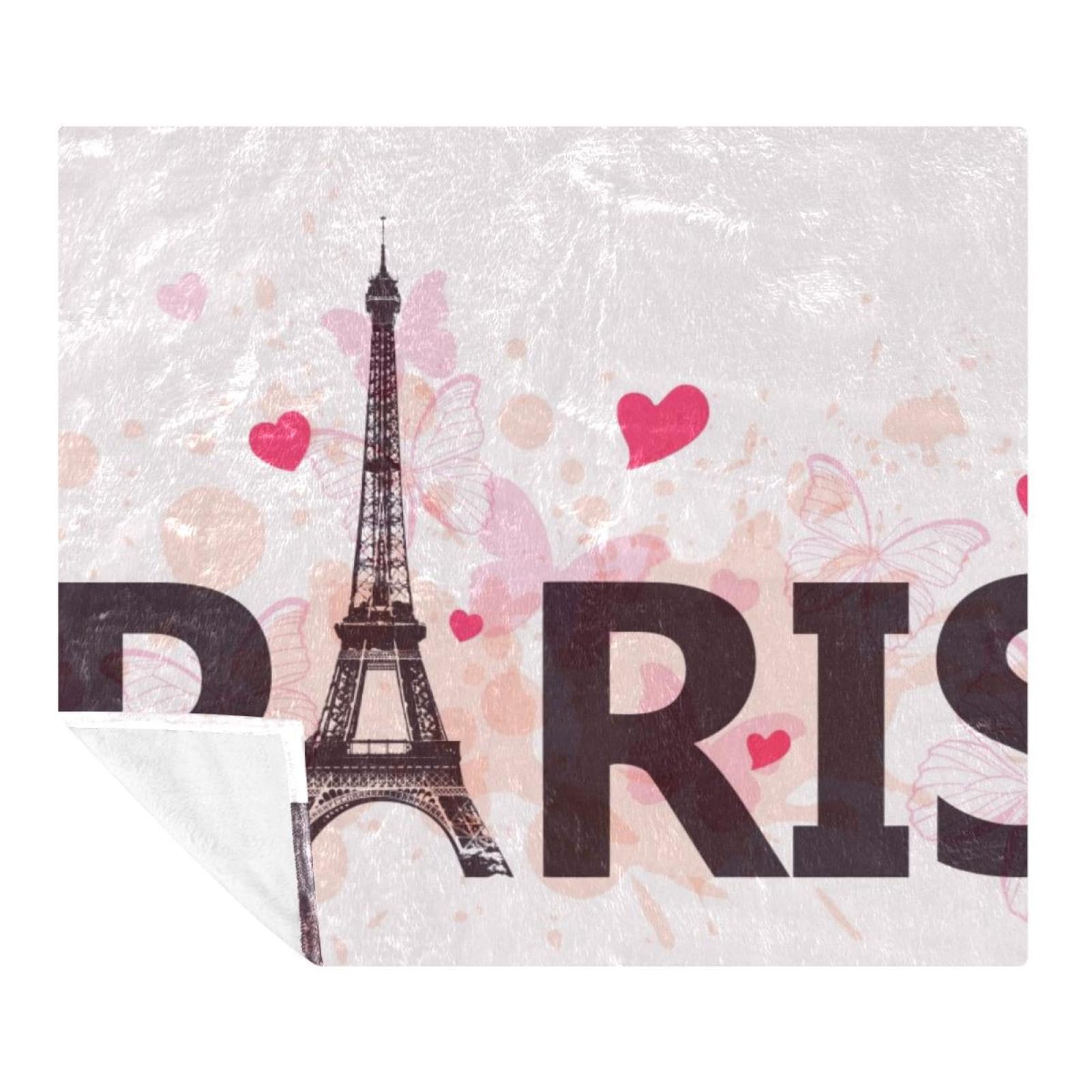 Couverture polaire microfibre Tour Eiffel et papillons roses pour lit et canapé 150x200cm