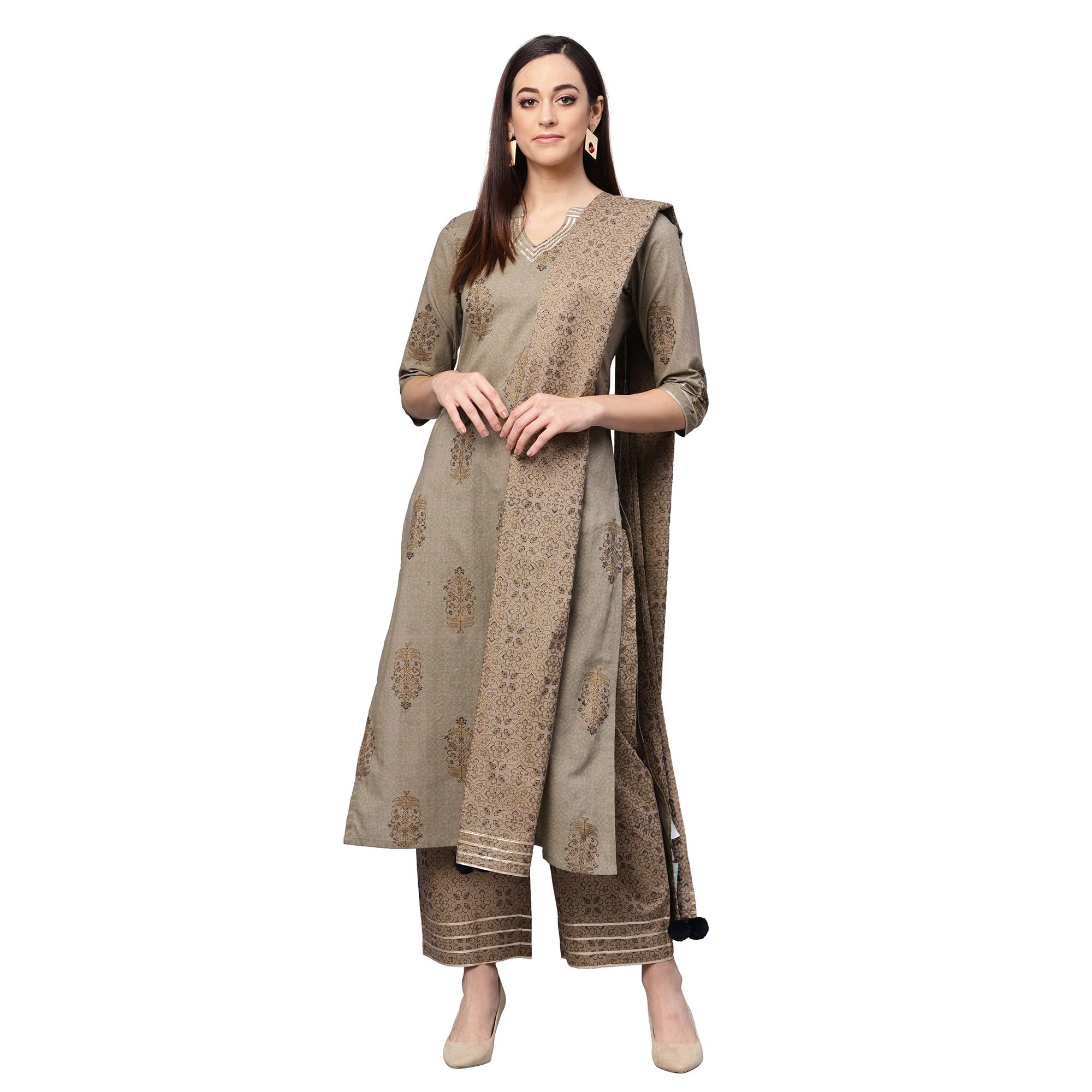 Idalia Gold Print Kurta With Printed Palazzo Pants And Dupatta