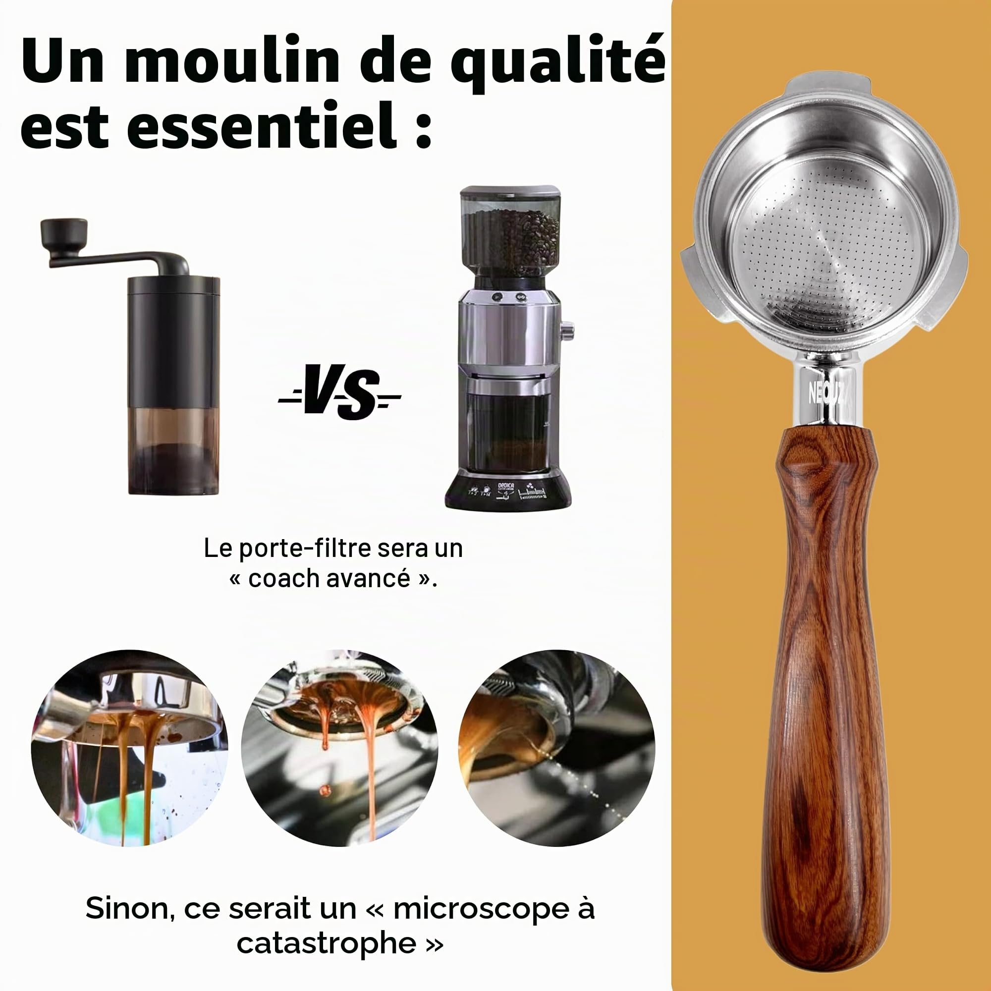 NEOUZA – Porte-filtre Espresso 51 mm compatible avec machine à café DeLonghi Dedica EC680 EC685 Smeg, panier non pressurisé, double becs (3 oreilles)