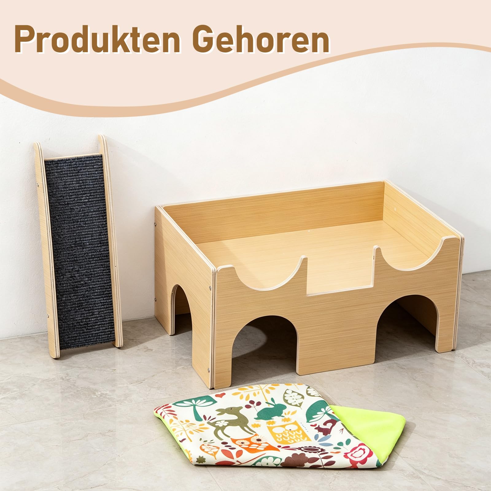 Oniissy 3-in-1 Meerschweinchen Haus aus Holz mit Rampe Versteck Plattfor (38x25x18cm)