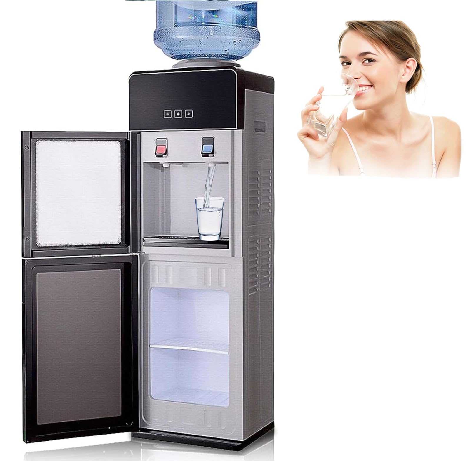 Top Loading Water Cooler Dispenser, 5 Gallon Hot & Cold Water, Room & Cold Spouts - 3 Temperature with Hot, Suitable for Indoor Home Office Use with Storage Cabinet, Gray + Black