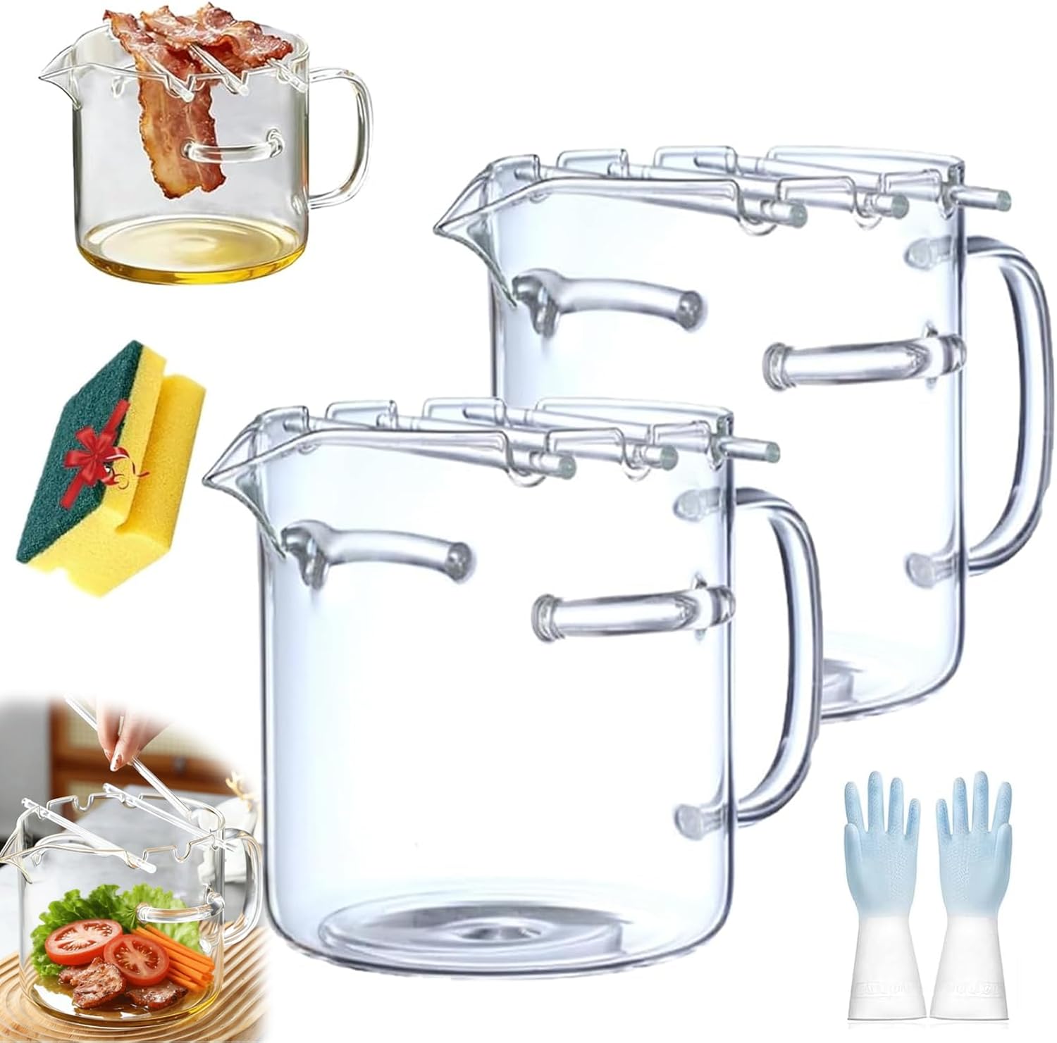 Glass Microwave Bacon Cooker, 2.1L Borosilicate Glass Bacon Tray with Lid and Grease Draining Rack, Heat-Resistant Bacon Cooker for Microwave & Oven, Crispy Bacon Maker Easy Clean Dish (2PCS)