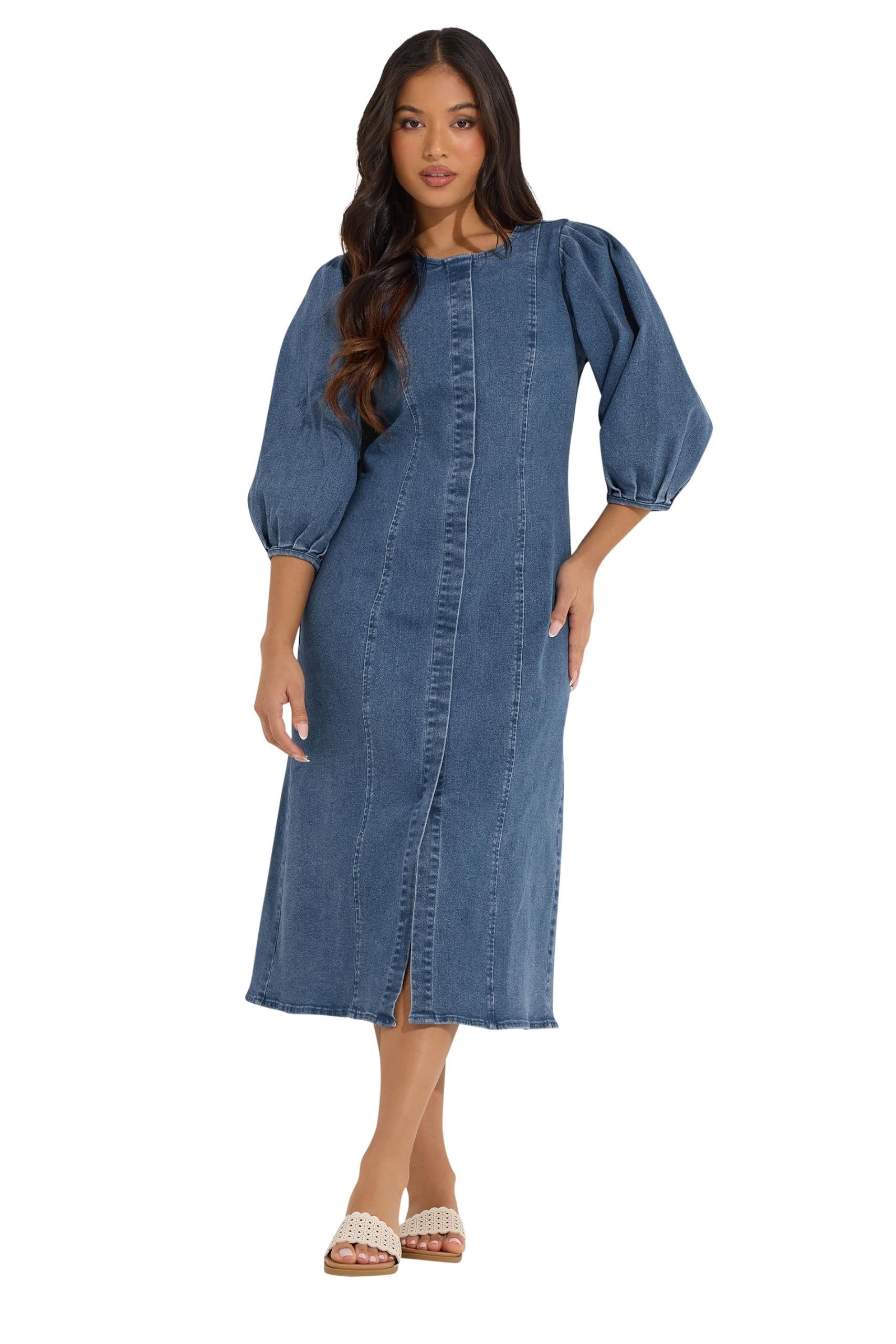 Pixiegirl Women's Mid Blue Petite Puff Sleeve Midi Dress In Size 16