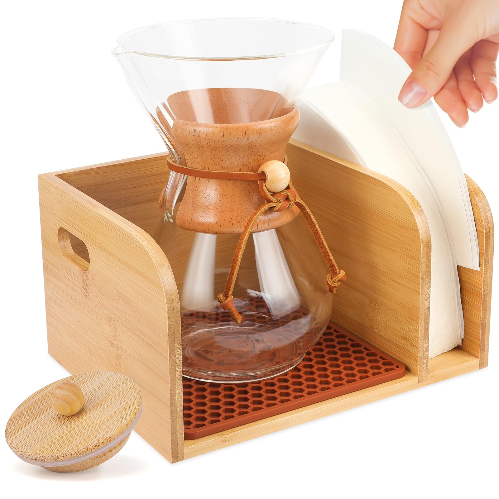 Produktbild von Bambusdeckel Für Chemex Kaffeemaschine – 3/6/8/10 Tassen, Aus Natürlichem Bambus + Silikon, Spülmaschinenfest, BPA-frei