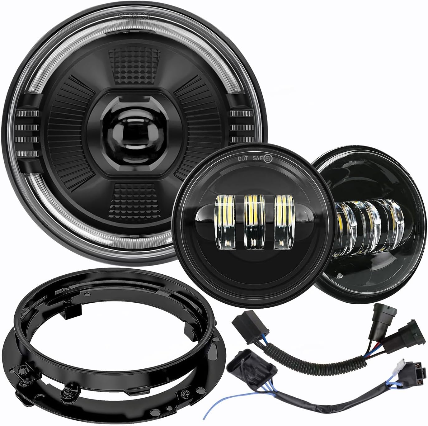 7 inch Motorcycle LED Headlight 4.5’’ Fog Passing Lights DOT Kit for Harley Davidson Street Electra Glide Ultra Limited Special CVO Tri Heritage Softail Deluxe Classic Road King Switchback Screamin