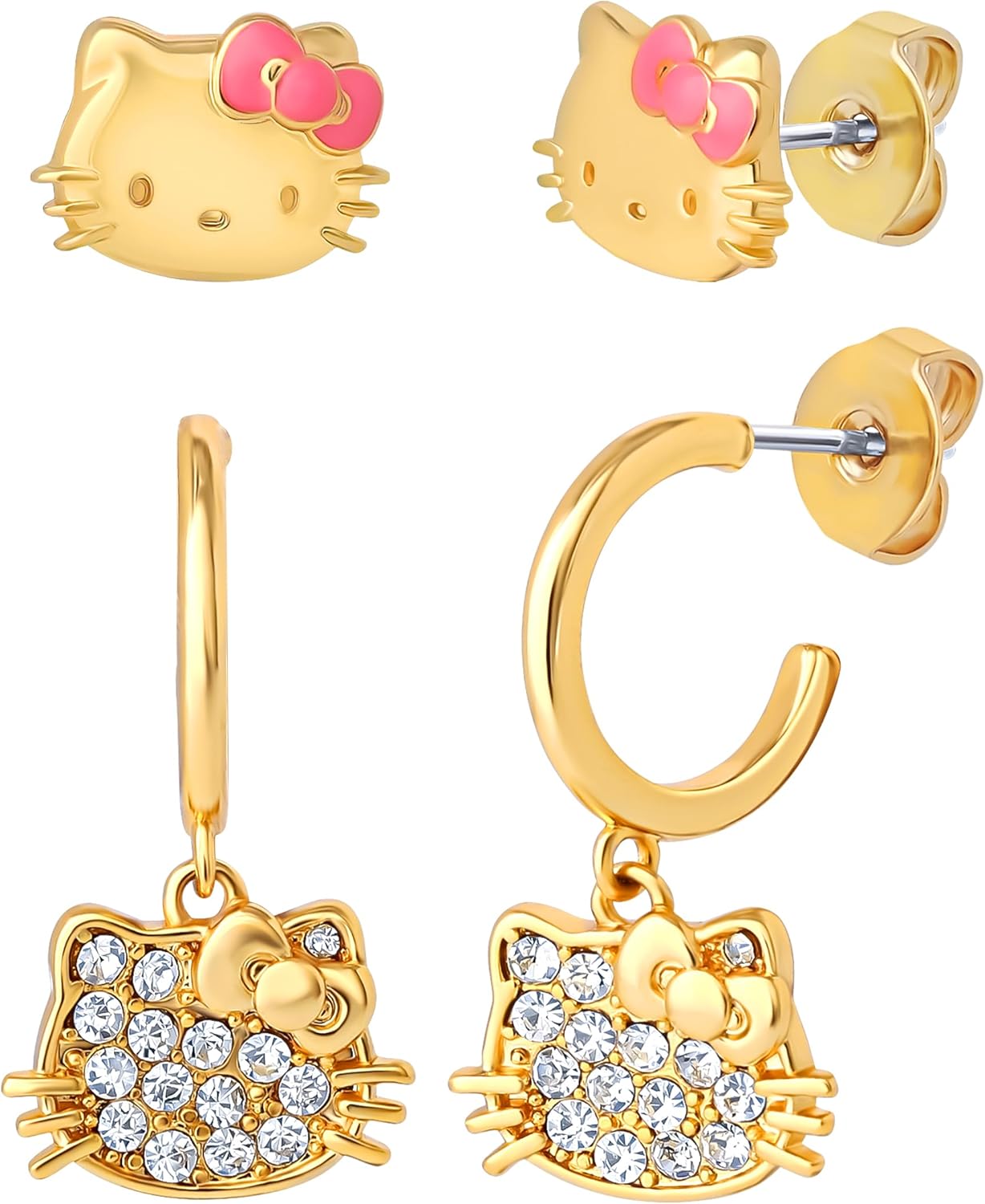 Hello Kitty Earrings for Women 2 Pairs Official License, 18K Gold Flash-Plated Studs and Huggie Earrings with Clear Crystals