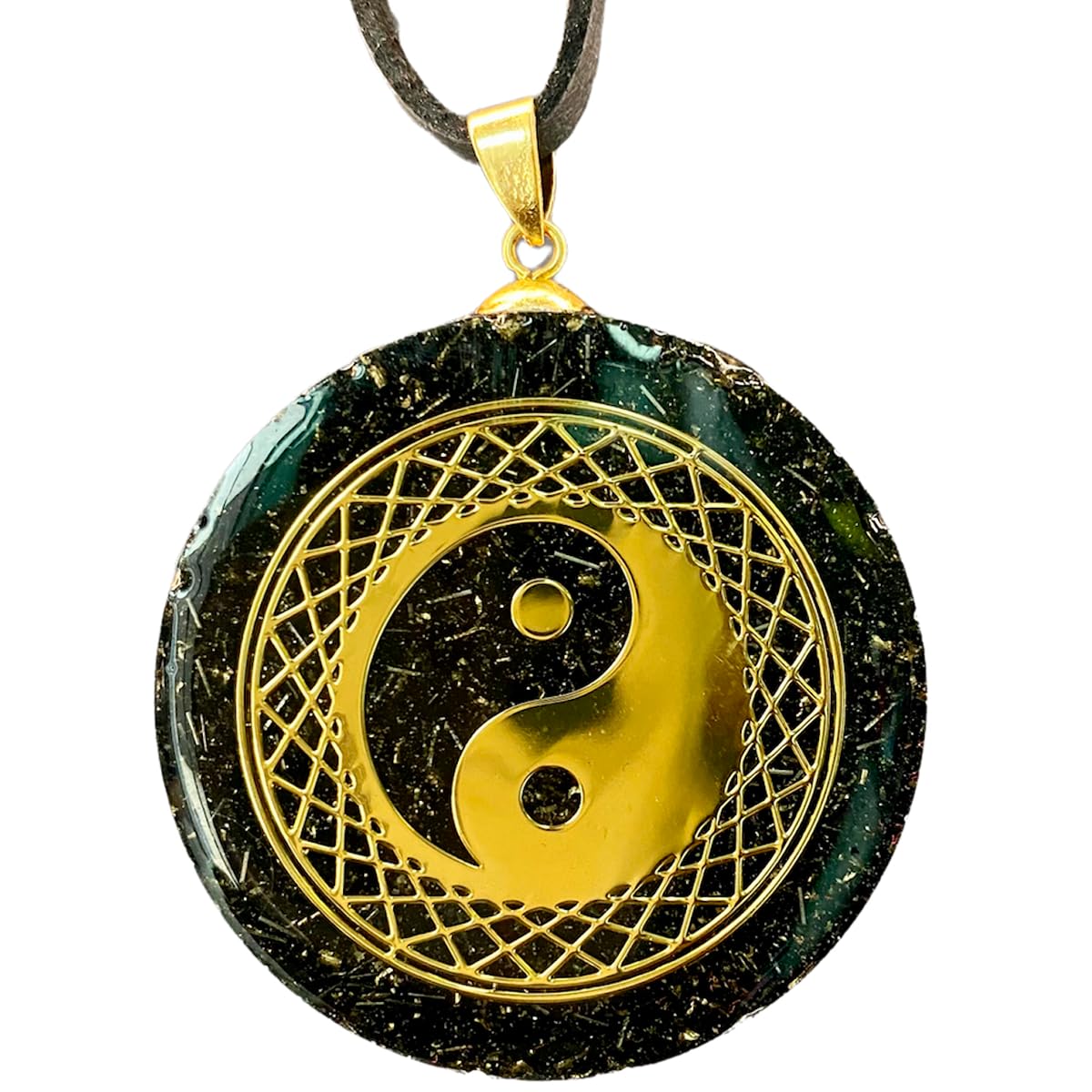 [LAO] Ładowany wisiorek z orgonitem Reiki Yin Yang 3,8 cm | Naszyjnik z świętą geometrią | 7 kwarc + szungit | 432 Hz i 528 Hz | Reiki Usui | Czarny wegański sznurek w zestawie |