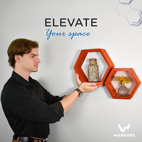 Miniatura 6 de Juego de 2 estantes hexagonales de madera de pino para decoración de pared, estantes de panal de abeja de granja para decoración de sala de estar,