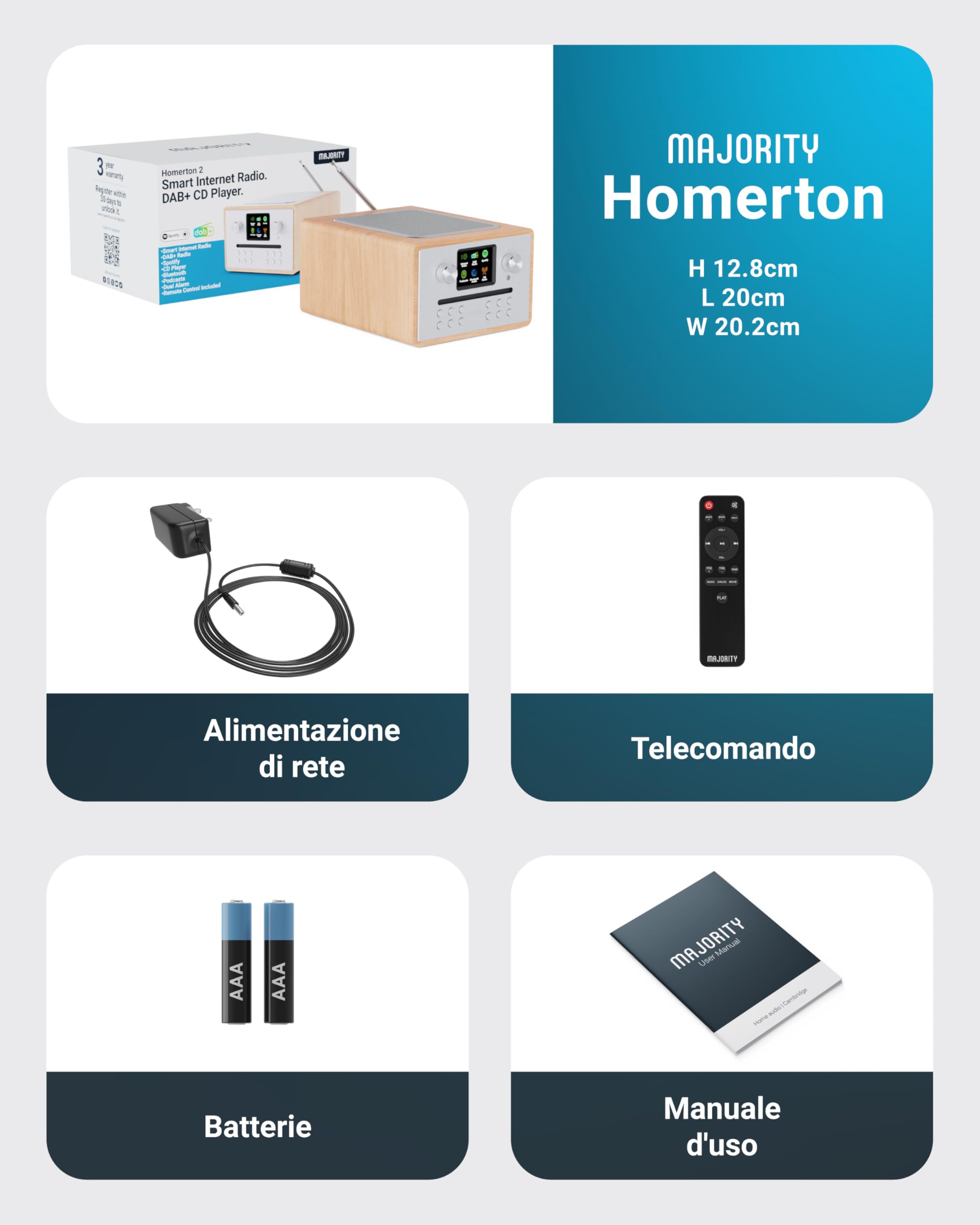 Majority Homerton 2 Internet, DAB, radio FM e lettore CD | 40 preset radio | Plug and Play universale | Spotify & Podcast | Radio Dab con Bluetooth, radio Wi-Fi, radio Internet | Oak
