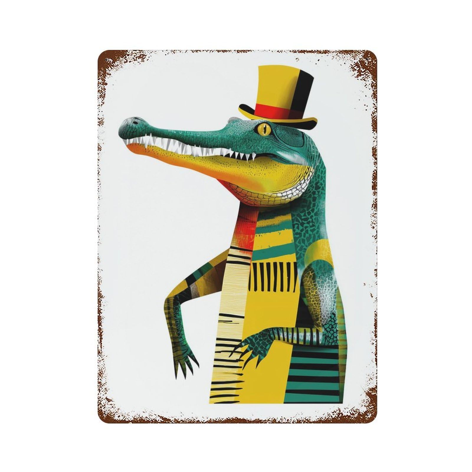 Stylish Crocodile with Top Hat Illustration Rusty Metal Tin Sign 15.7"x11.8", Industrial Home Decor for Garage, Pub Or Kitchen