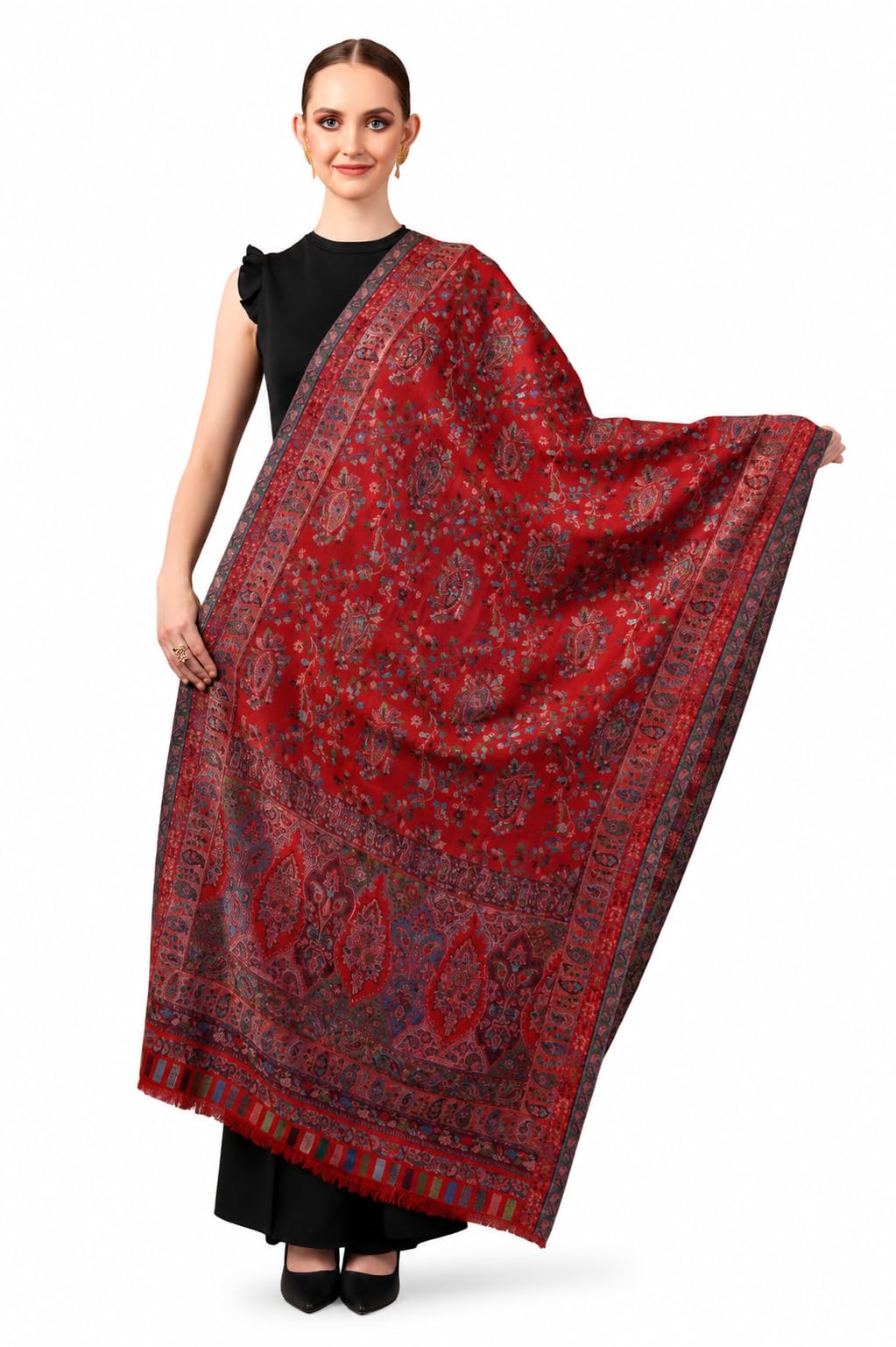 Women Multi-Coloured 100% Pure Wool Stole Woven Design Woolmark Certification-image-4