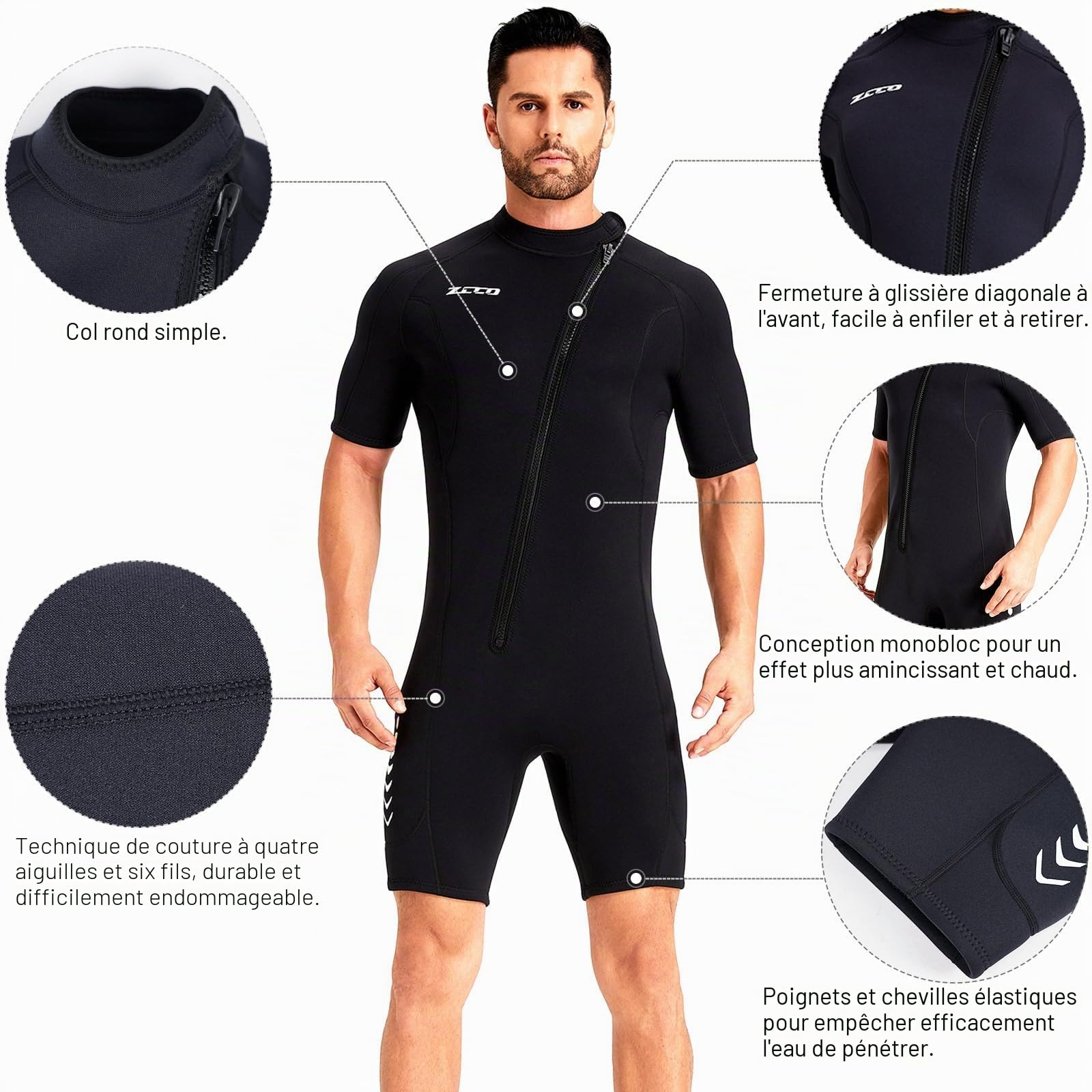 ZCCO Combinaison courte en néoprène pour homme - 3 mm - Fermeture éclair à l'avant - Pour la plongée, la natation, le surf, la plongée avec tuba