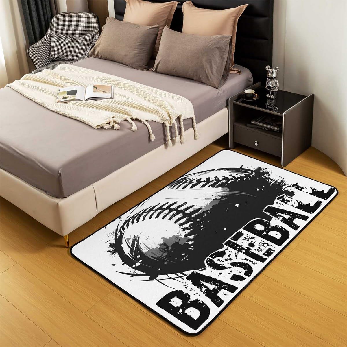 Erosebridal Baseball Area Rug 3'x5',Sports Theme Decorative Rug Kids Teens Boys Men Adult Modern Carpet,Baseball Player Indoor Floor Mat for Bedroom Living Room Bedside Playroom Black White