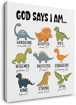 Ryeolo Kids Dinosaur Canvas Prints Wall Art - Safari Nursery Animal Decor 16X24 Inches, Baby Girl Boy Nursery Wall Decor, God Says I Am Dinosaur Wall Art for Kids Living Room