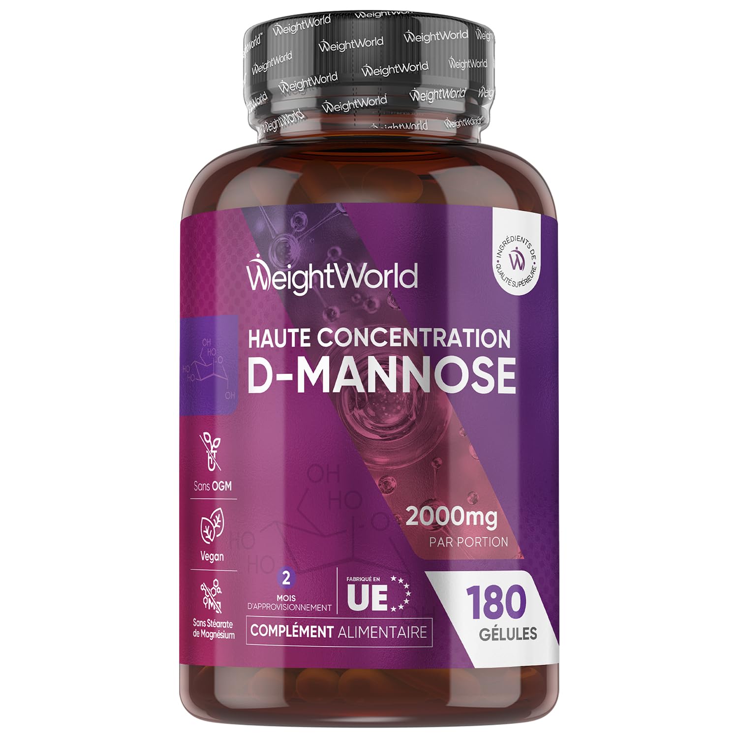 D Mannose Gélules Vegan 2000mg, 180 Capsules Multi-​Usages, D Mannose Poudre en Gélules, Extrait de Fruits Naturels, 2 Mois d'Approvisionnement, sans Stéarate de Magnésium, sans OGM