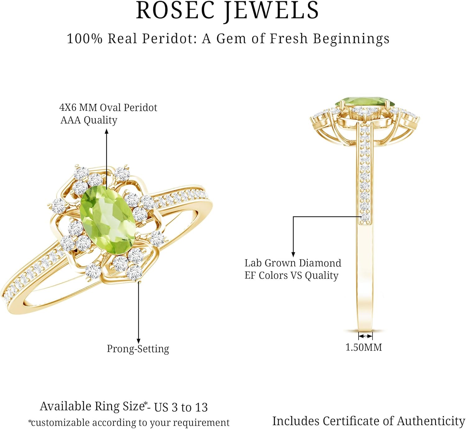 Natural 0.4 Carat Peridot Diamond Engagement Ring in Silver, Aaa Quality - Gift For Women Who Has Everything