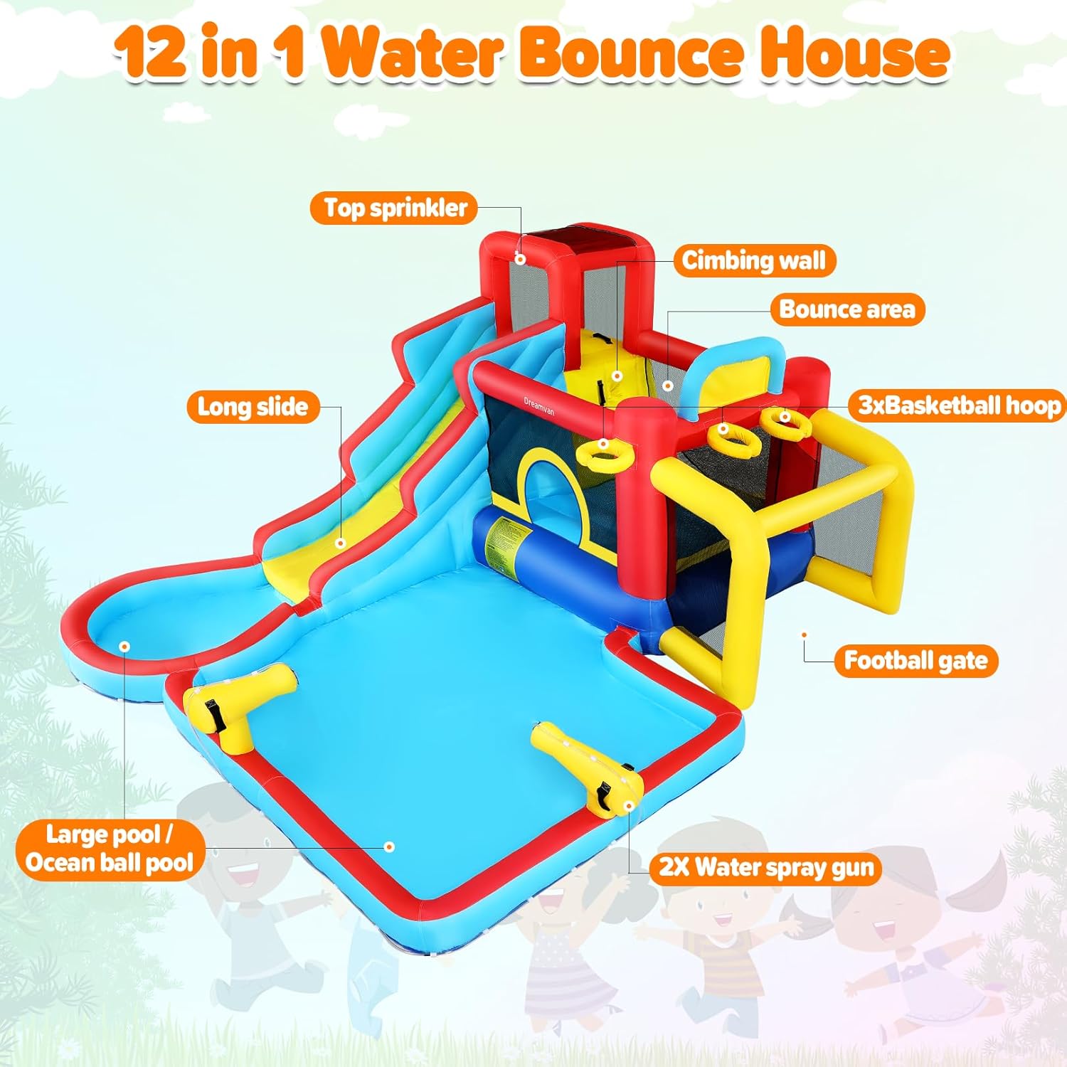 Inflatable Water Slide,Water Slide for Kids Backyard, 12 in 1 Water Bounce House with Long Slides,Basketball&Soccer Hoop,Splash Deep Pool,Water Cannon for Outdoor Party,Water Park with 550W Blower