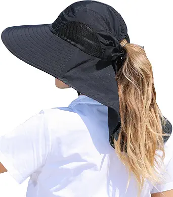 Women's Wide Brim UV Protection Sun Hat with Ponytail Hole and Neck Flap