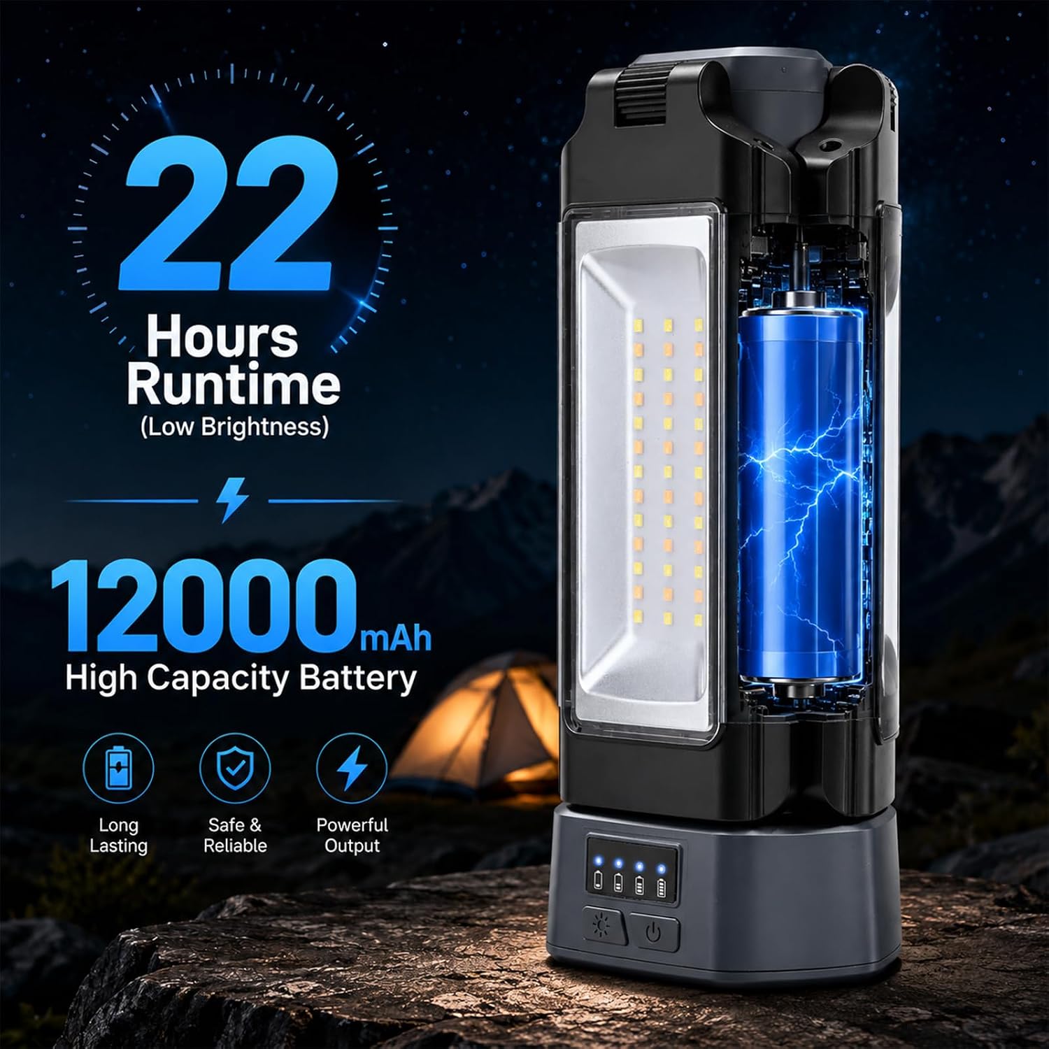 12000mAh Rechargeable Camping Light with Stand 73.2'' | 3200 Lumens Magnetic LED Work Light, Adjustable Detachable Tripod, Remote, Emergency Flashlight with Hook, Camping Gear, Grey