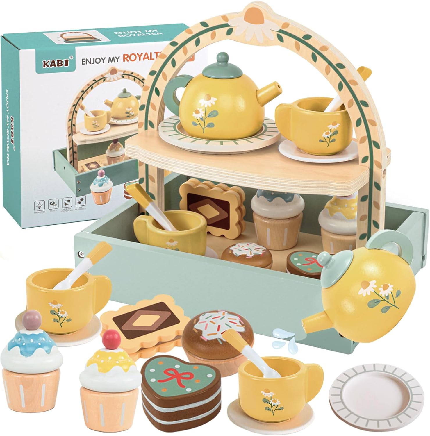 Wooden Tea Party Set for Little Girls,Kids Tea Set with Cookies & Cake Stand, Play Kitchen Accessories Wooden Pretend Play Food Toys for Girl Boy Birthday Gift