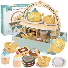 Wooden Tea Party Set for Little Girls,Kids Tea Set with Cookies & Cake Stand, Play Kitchen Accessories Wooden Pretend Play Food Toys for Girl Boy Birthday Gift