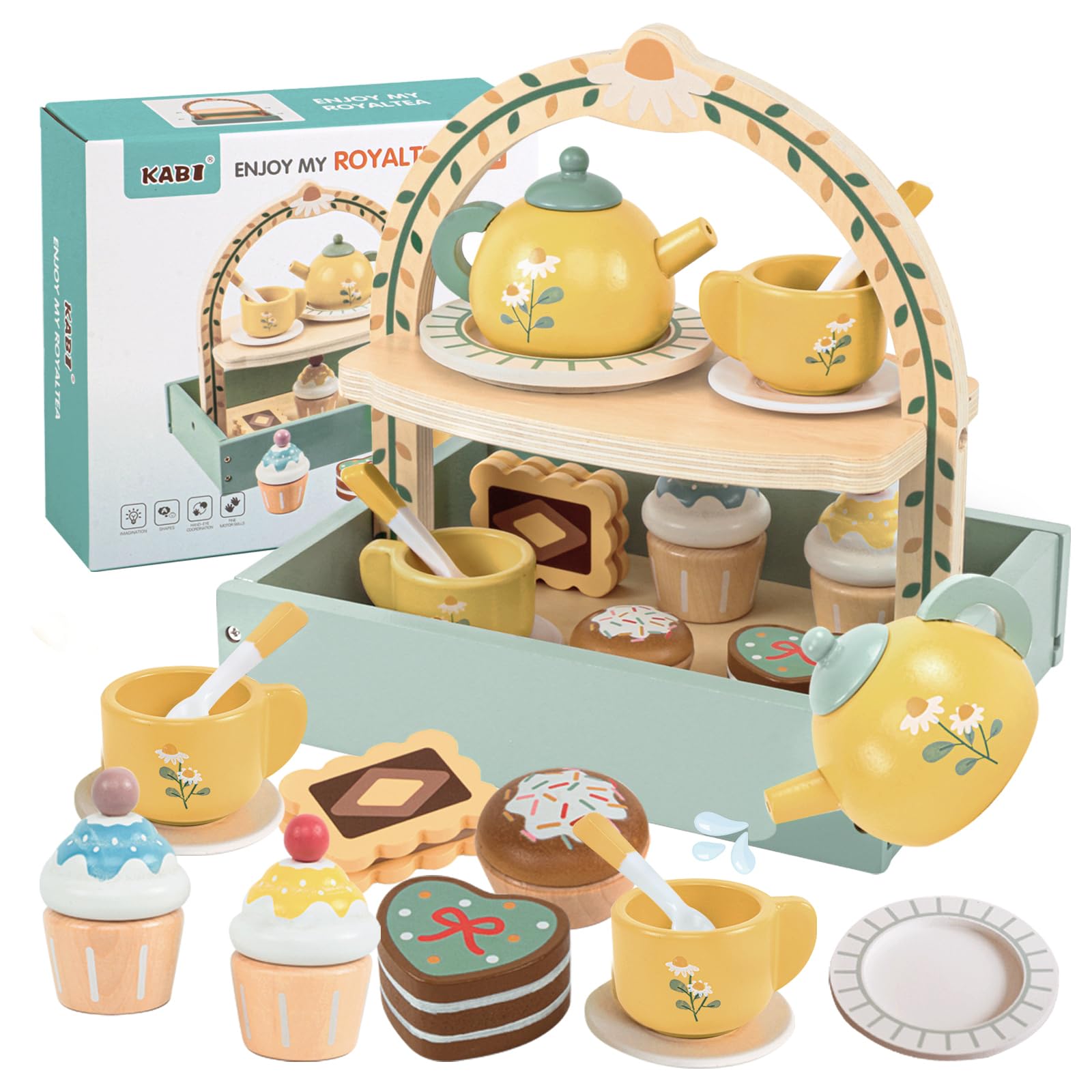 Masonbaby Wooden Tea Set, toddler tea party set with play food & play kitchen accessories, Pretend Play Food Playset for Kids birthday gifts for boys girls