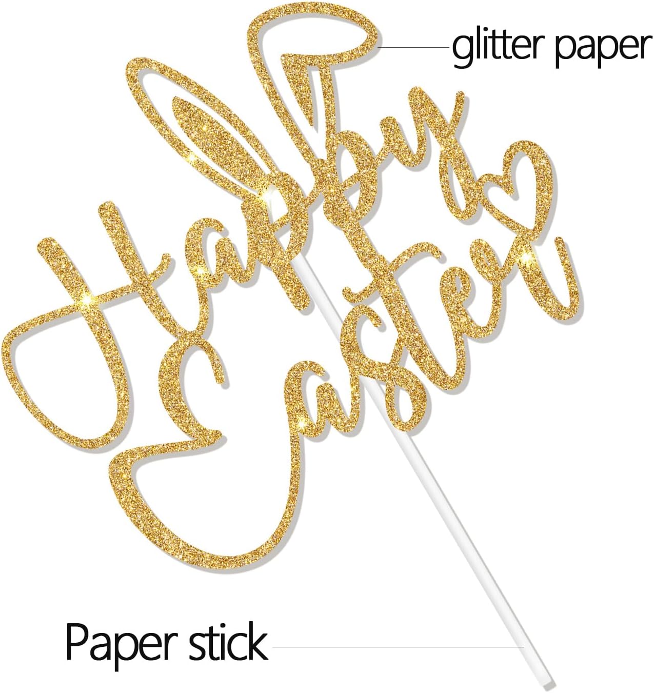 Happy Easter Cake Topper, Gold Glitter Bunny Ear Cake Decor, Festive Spring Easter Party Supplies for Holiday Desserts