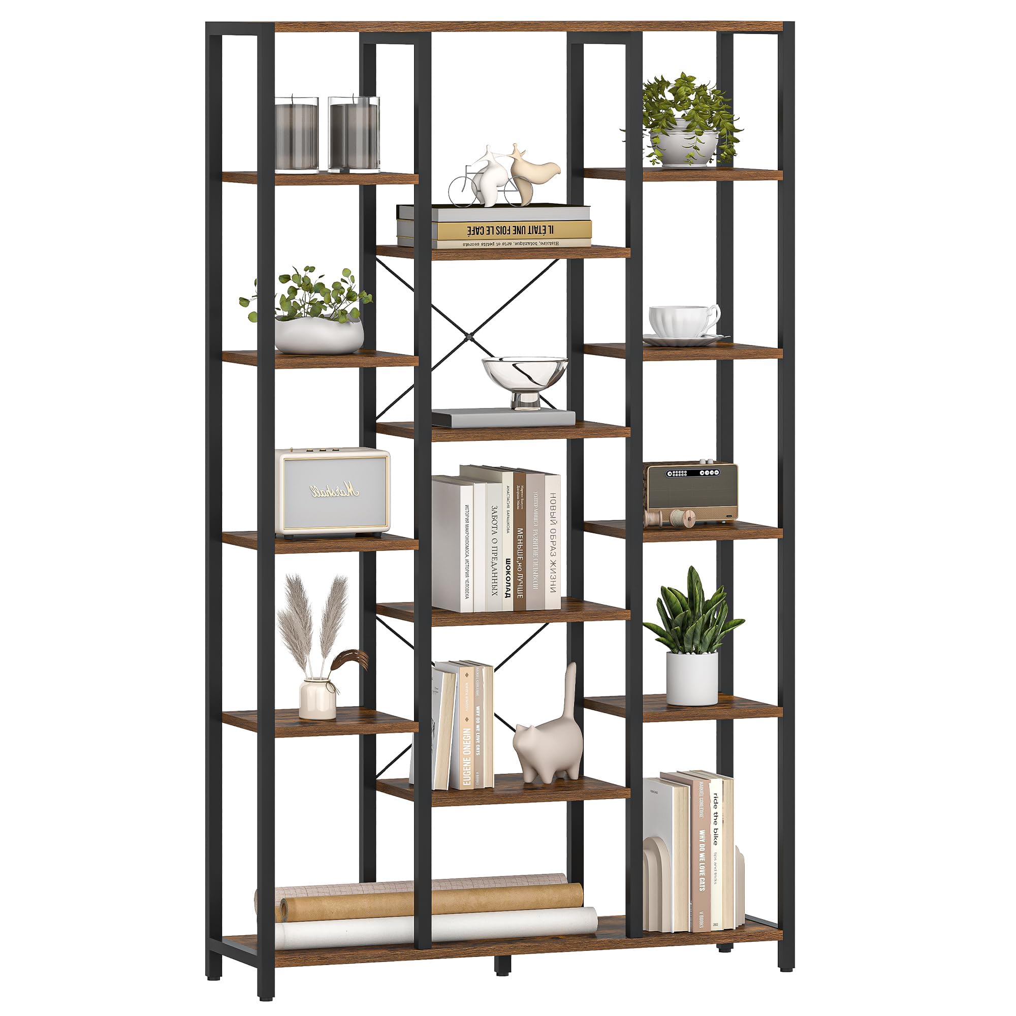 Hzuaneri Librería con 15 Estantes, Estanteria Libros, para Sala de Estar, Estudio, Oficina, 30 x 100 x 170 cm, Marrón Rústico y Negro BC15001B