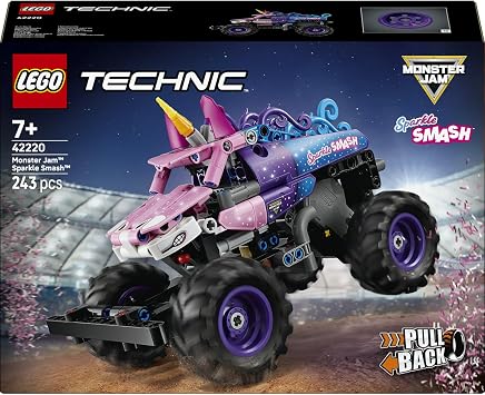 LEGO Technic Monster Jam Sparkle Smash Çek–Bırak 42220 – 7 Yaş ve Üzeri Çocuklar için Işıltılı Yıldızlar ve At Boynuzu gibi Detaylar İçeren Canavar Kamyon Oyuncak Yapım Seti, Hediye Fikri (243 Parça)