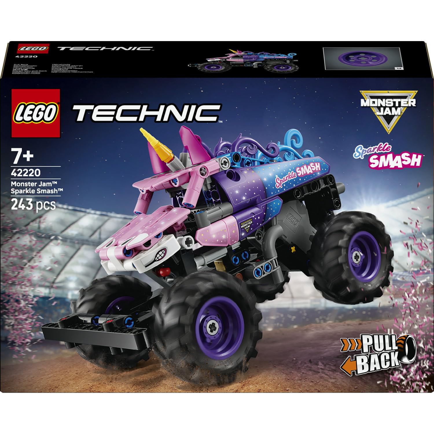LEGO Technic Monster Jam Sparkle Smash Pull-Back 42220 | Toys for 7+ Year Old Boys & Girls, Pink Unicorn Themed Truck Model Kit, Birthday Gift Idea, 243 Pieces