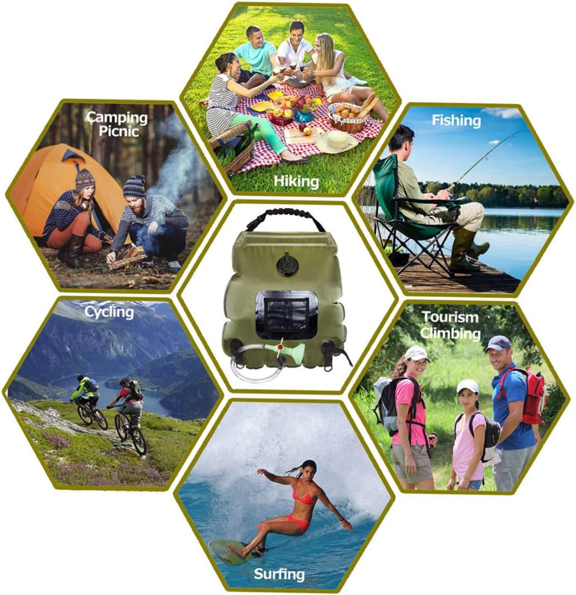 Solar Camping Shower Bag Outdoor Water Storage with Shower Nozzle for Hiking Beach Swimming Travel Portable with Temperature Display Olive Green