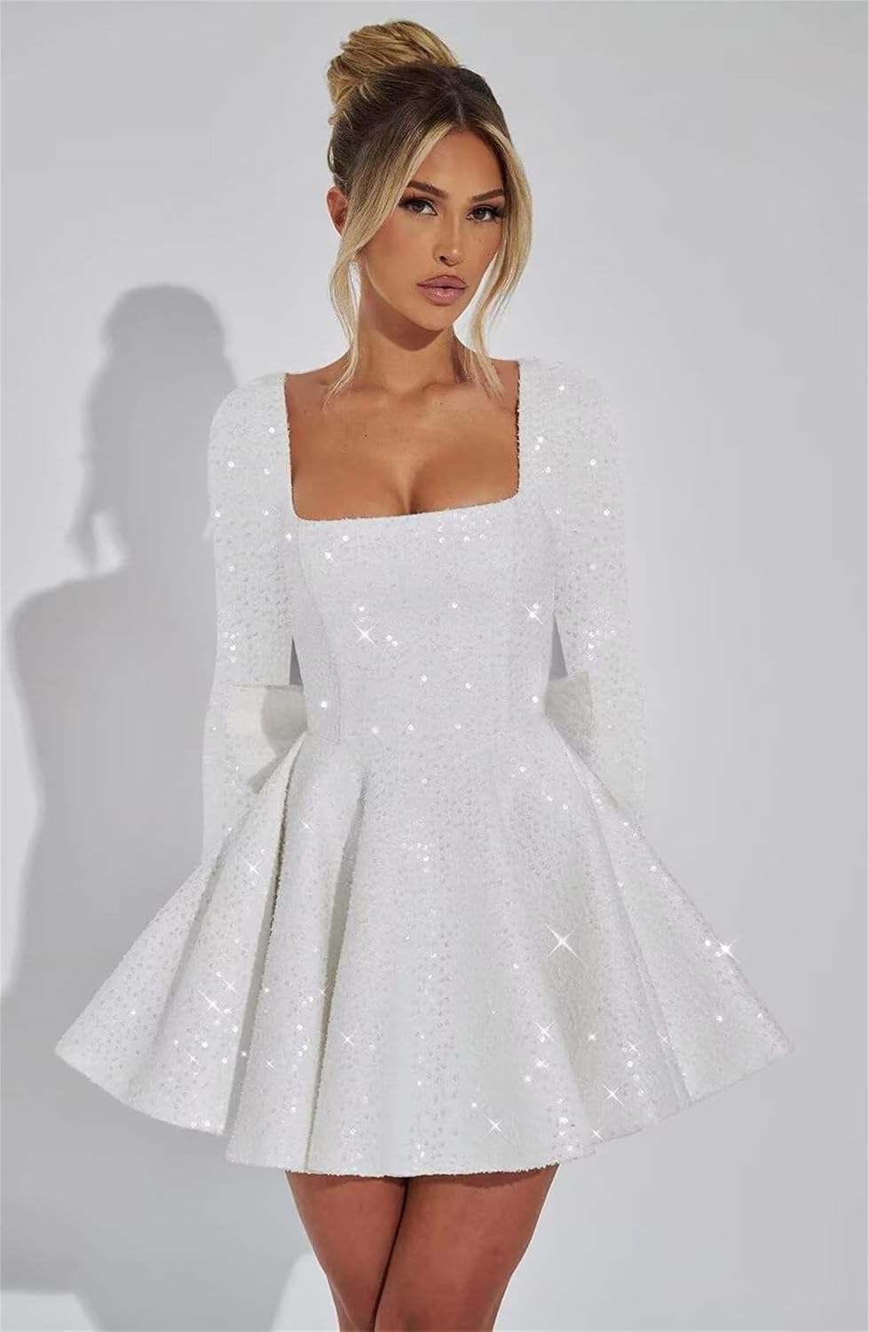 Long Sleeve Short Prom Dresses Sparkly Sequin Wedding Party Dress Homecoming Cocktail Mini Gowns with Bow