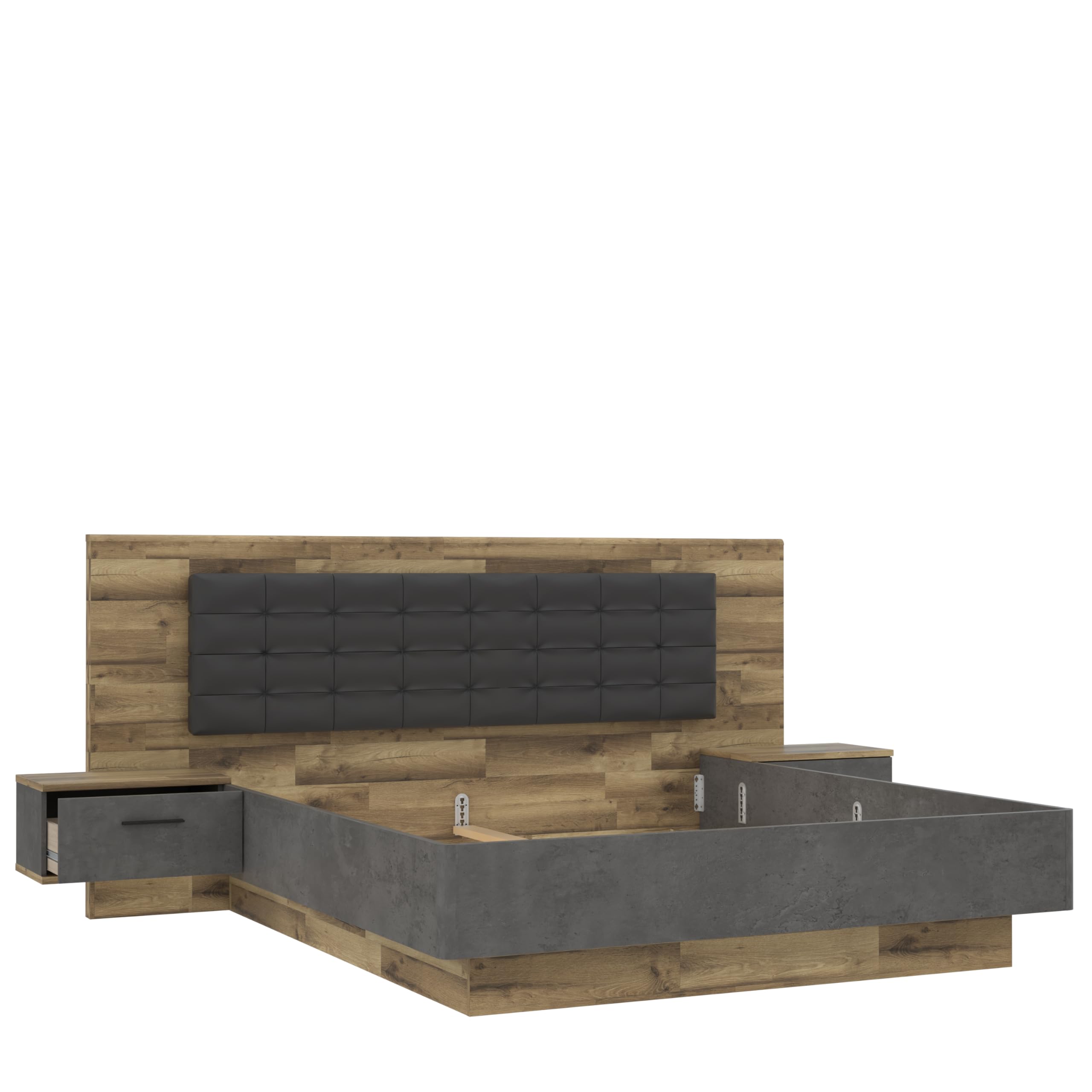 Forte RICCIANO Bett 300, Bett + 2 Nachtkommoden mit 2 Schubladen, Holzwerkstoff, Stabeiche Holzdekor/Betonoptik dunkelgrau, 296,5 cm breit x 120 cm hoch x 209,9 cm tief