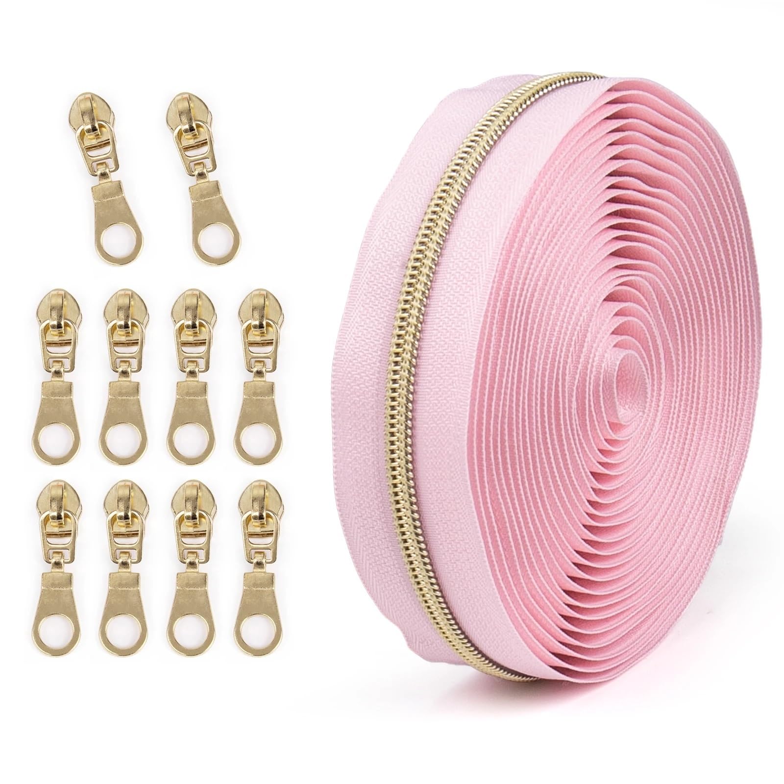 177.16inch Zipper and 10 Slider,5# Colorful Nylon Chain,Contrasting Light Gold Teeth,Suitable for Clothing, Bags, Etc (Pink)