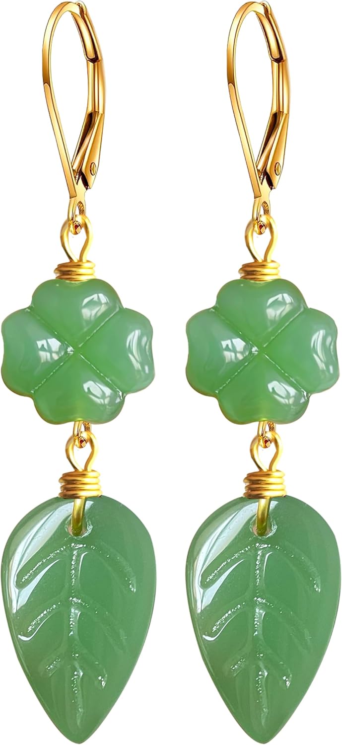 Natural Four-Leaf Clover Stone Drop Earrings,Yellow Gold Plated Real Genuine Crystal Quartz Gemstone Jade Dangle Earrings for Women Her