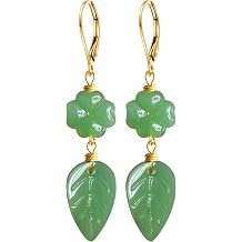 Natural Four-Leaf Clover Stone Drop Earrings,Yellow Gold Plated Real Genuine Crystal Quartz Gemstone Jade Dangle Earrings for Women Her