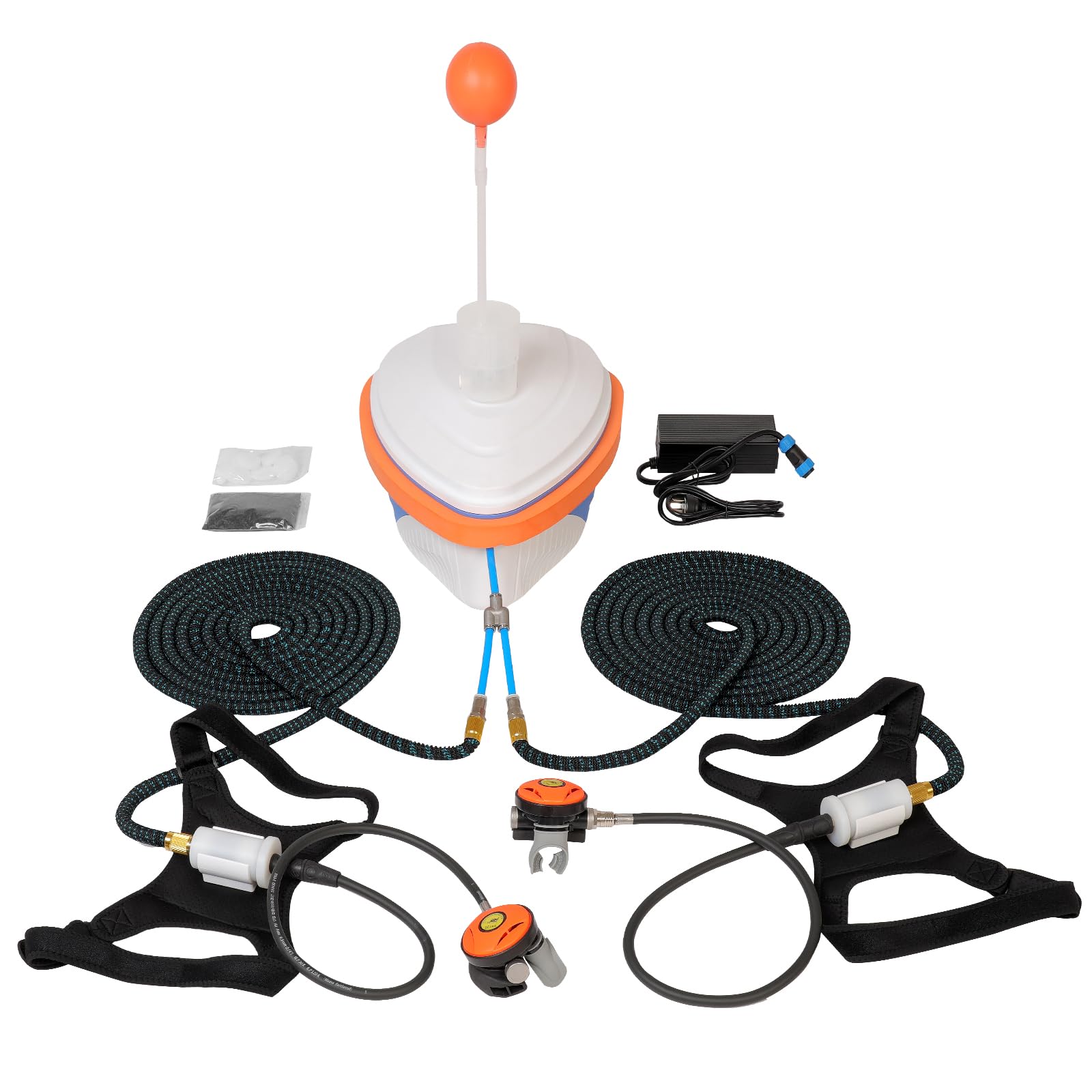 Sistema per Immersione Subacquea, Supporta 2 Subacquei, Ricaricabile a Batteria Ventilatore per Immersioni, Sistema di Immersione 2 Tubi da 18 M con Regolatori, Autonomia 5–6 h / 7–10 h