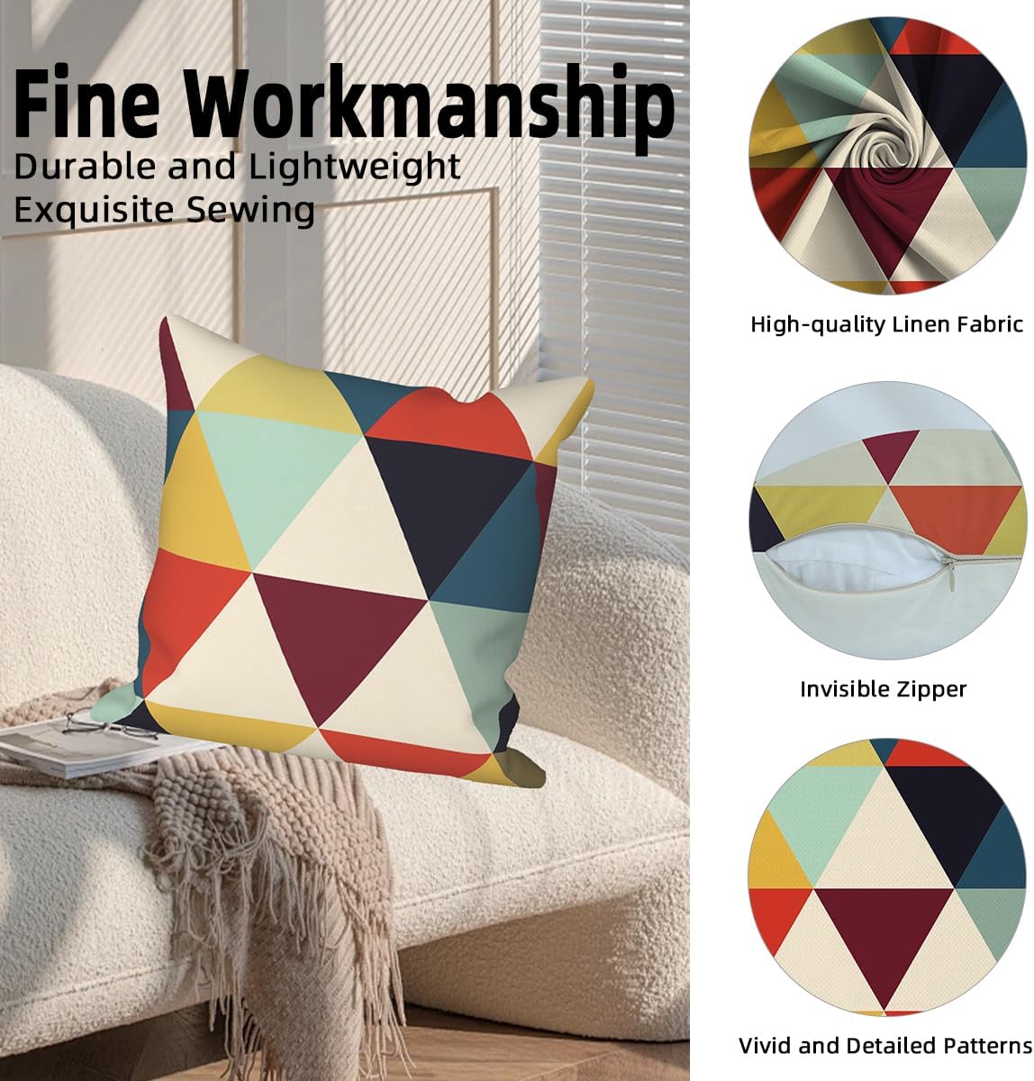 4 Pcs/Set Geometry Throw Pillow Covers Spring Colorful Boho Patchwork Color Linen Cushion Cases Outdoor Lumbar Pillows Case for Patio Furniture Couch Living Room Decorative, 18"x18"