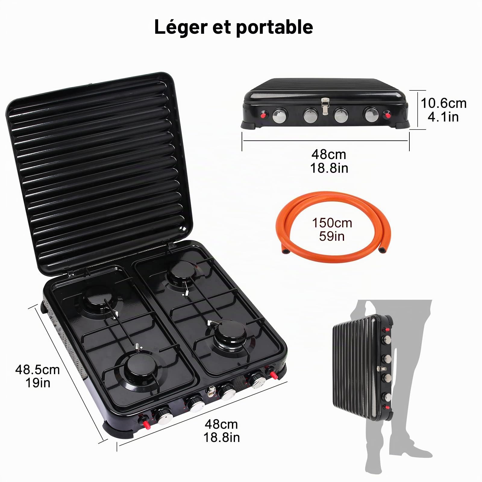 8.8KW Réchaud Gaz 4 Feux, Réchaud à Gaz de Camping Portable Avec Allumage Piezo et Régulateur, Réchaud de Camping Réchaud Extérieur pour Cuisine Plein Randonnée Camping Pêche Pique Nique (Pur Noir)