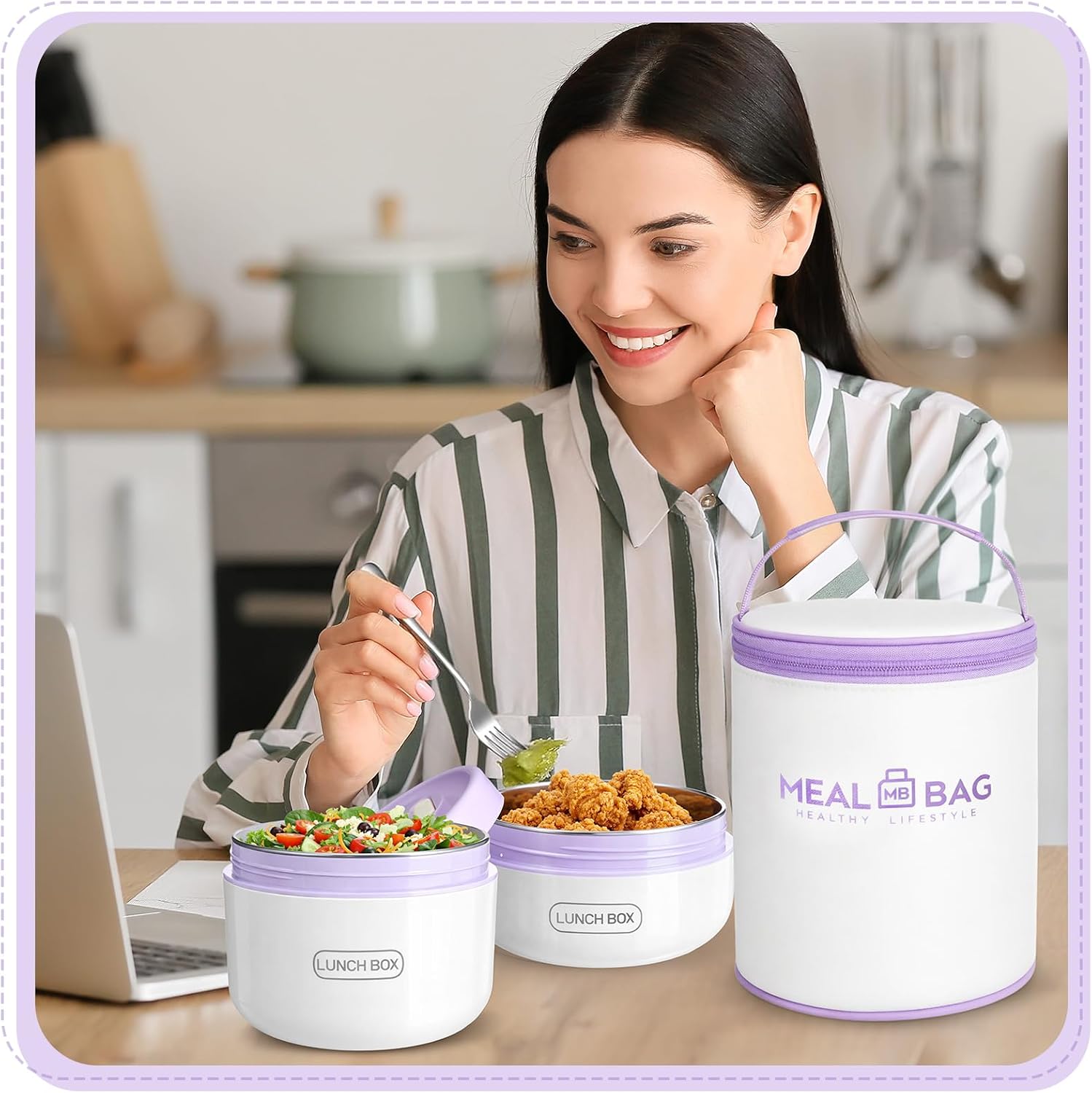 Dandat 2 Portable Insulated Lunch Containers Thermal Bento Box, Purple image 5