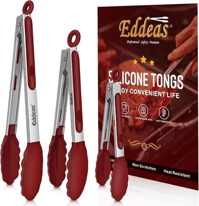 EDDEAS Tongs For Cooking - 7",9" and 12 inch Kitchen Tong with Silicone Tip,Heat Resistant 600 Degrees Metal Locking Tongs - for cooking,Salad and Barbecue,Red Set of 3