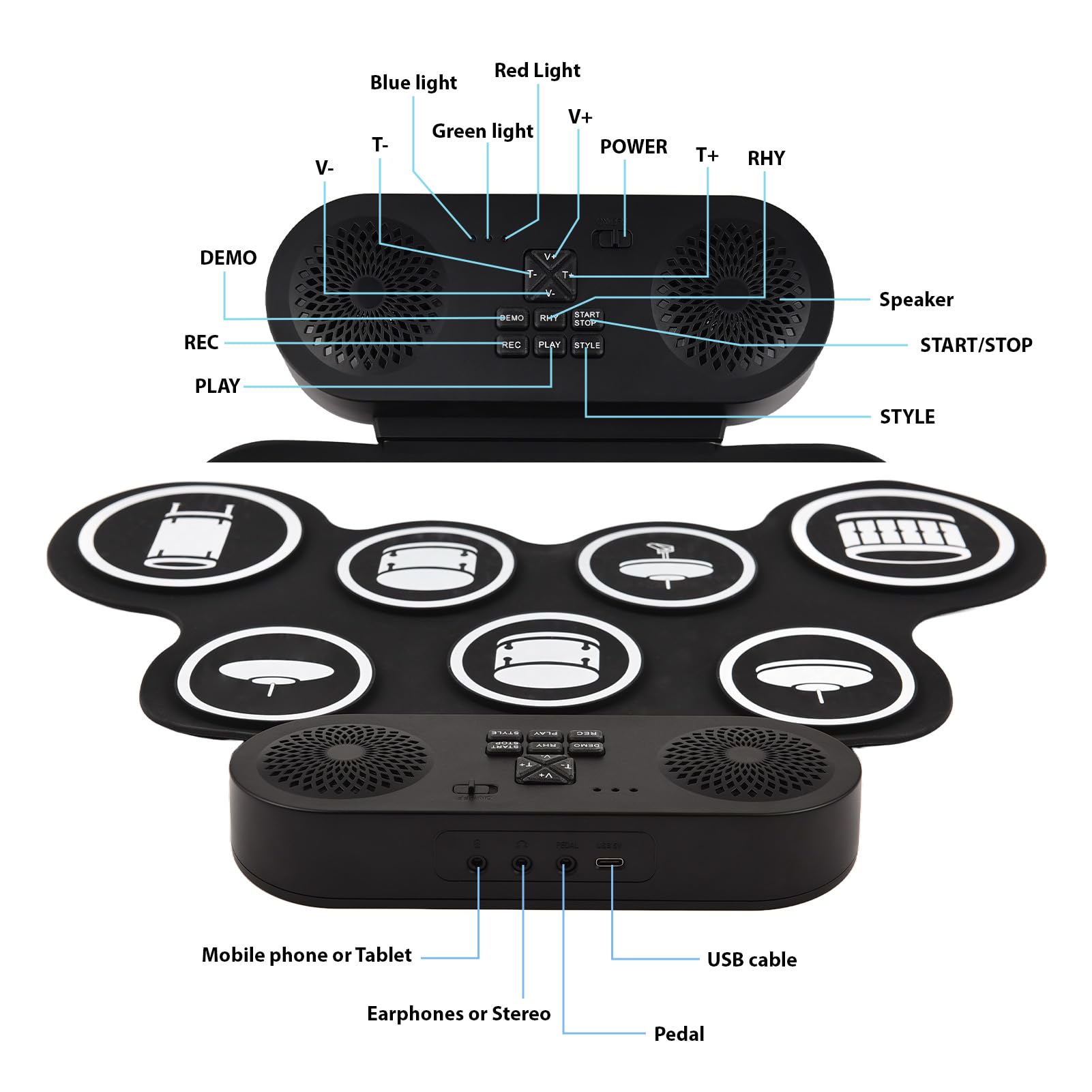 Tambor electrónico Pad Set, Hand Roll Drum Set 7 Pads con Doble Altavoz 7 Estilos de Batería 6 Ritmos 10 Canciones de Demostración, Portátil de Práctica Pad Drum Kit con Baquetas